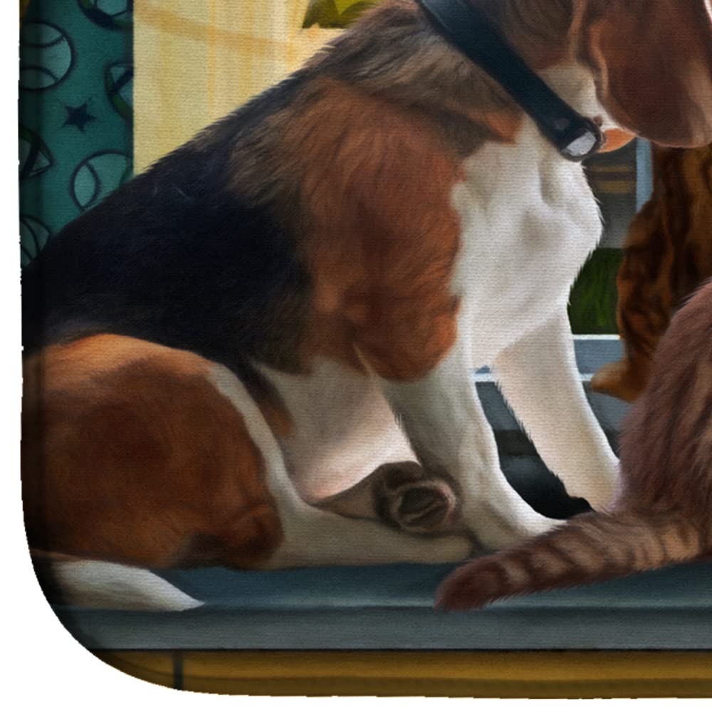 Beagle & Cats Back to School Dish Drying Mat - Absorbent Kitchen Counter Mat (14x21