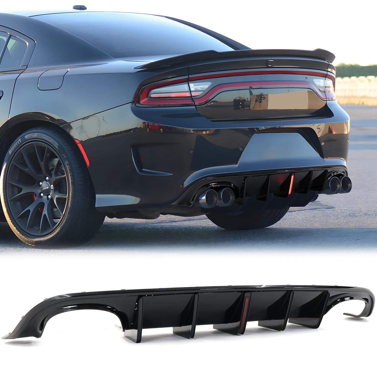 FREEMOTOR802 Rear Bumper Diffuser with LED Lights for 2015-2023 Dodge Charger | IKON V3 Style Gloss Black Quad Exhaust Tip Lip Shark Fins (2PCS, PP Material) - Upgrade Your Car's Sporty Look for Street Racing & Show Cars