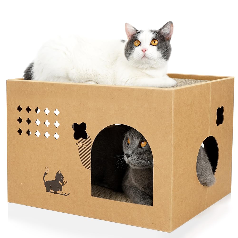 Durable Cat Cardboard House with 2 Scratching Pads - Large Cat Scratcher Bed & Lounge for Indoor Cats - Corrugated Detachable Cat Scratcher Box (Cactus Design) - Perfect for Playtime, Napping & Claw Maintenance