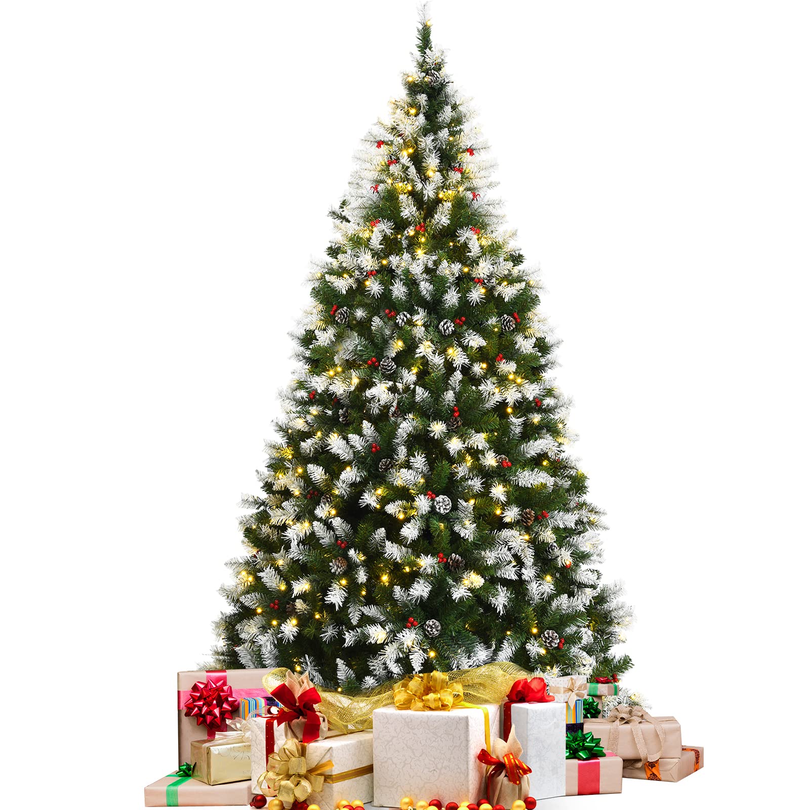 GOFLAME 7.5ft Pre-Lit Artificial Christmas Tree with 550 Warm White LED Lights, 8 Lighting Modes, Snow Flocked Hinged Branches & Sturdy Metal Stand - Perfect for Living Room, Office, and Holiday Festival Decorations