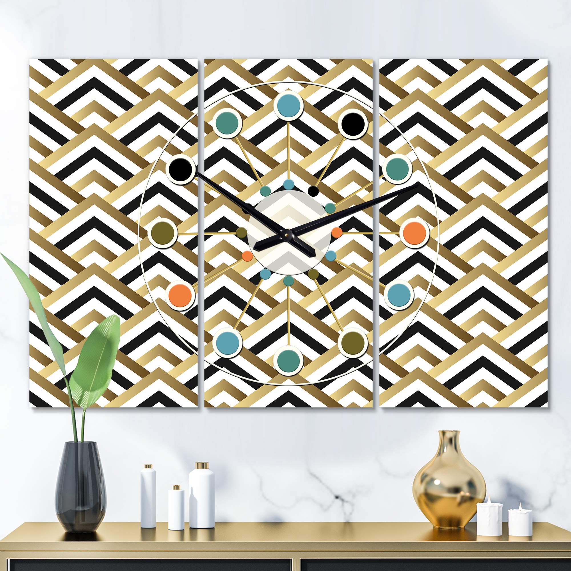 Designart 'Gold Black and White Triangle' Oversized Mid-Century Modern 3 Panels Wall Clock - Stylish Home Decor for Living Room, Office & Contemporary Spaces