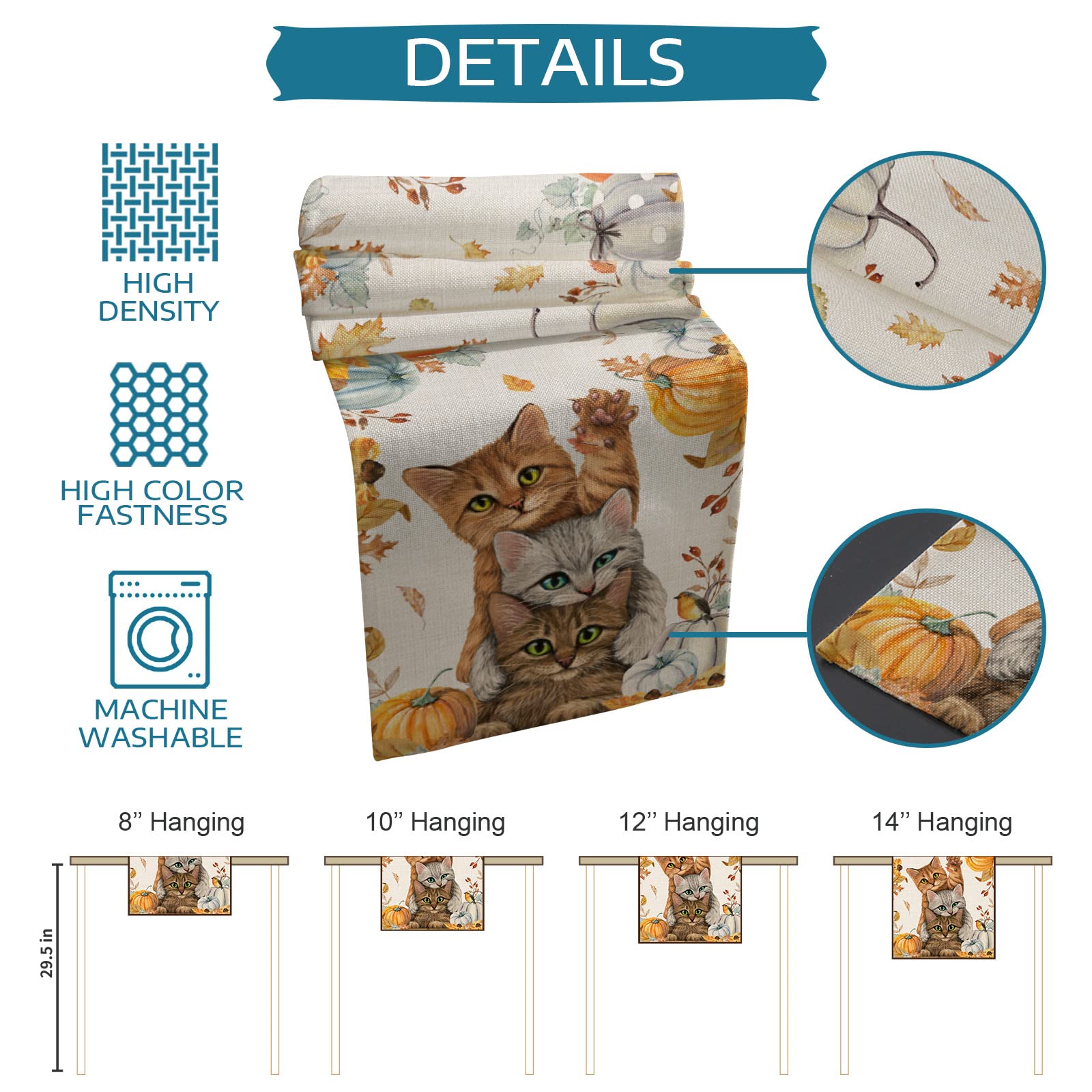 72 Inch Cotton Linen Table Runner - Thanksgiving & Fall Farmhouse Decor with Pumpkin Cats & Maple Leaf Design for Dining Table, Coffee Table, Wedding Party | Rustic Burlap Kitchen & Home Decoration Scarf