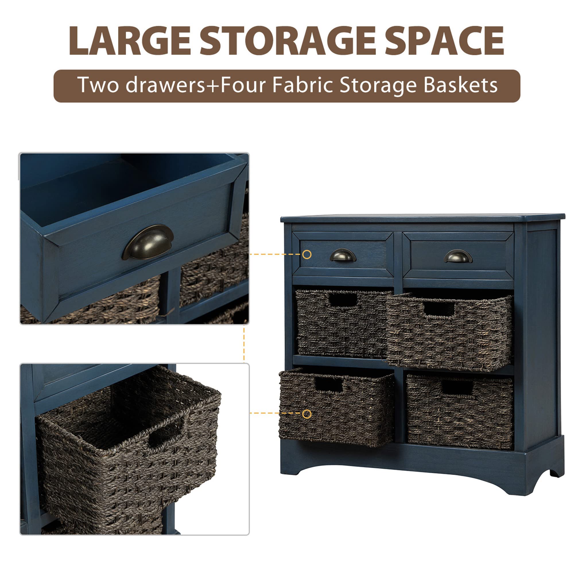 P PURLOVE Rustic Storage Cabinet with 2 Wood Drawers & 4 Wicker Baskets - Antique Navy Organizer for Home, Kitchen, Entryway, Living Room | Perfect for Farmhouse Decor, Bathroom Storage & Bedroom Organization