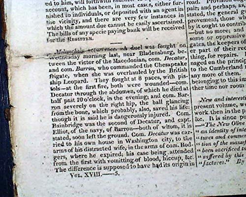 Original 1820 Niles' Weekly Register Newspaper - Commodore Stephen Decatur US Navy Gun Duel Death | Historic Collectible for Antique Enthusiasts & Naval History Buffs