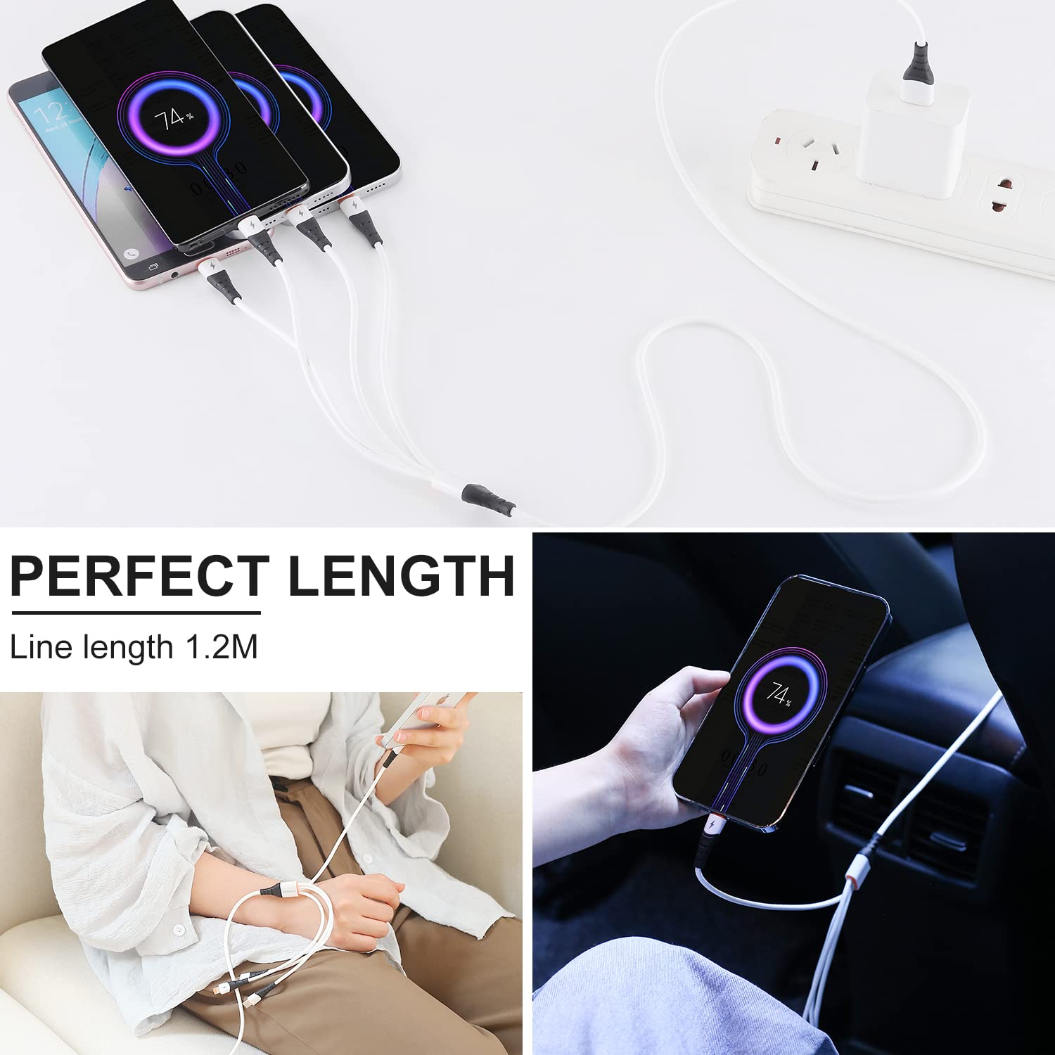 SDBAUX 4-in-1 Multi Charging Cable - Fast USB C/Micro USB/Lightning Charger Cord Compatible with iPhone 16/15/14/13/12 Pro Max, iPad Mini 6/Air 4, Galaxy S23/S22/S20 & More - Perfect for Home, Office & Travel Charging Needs