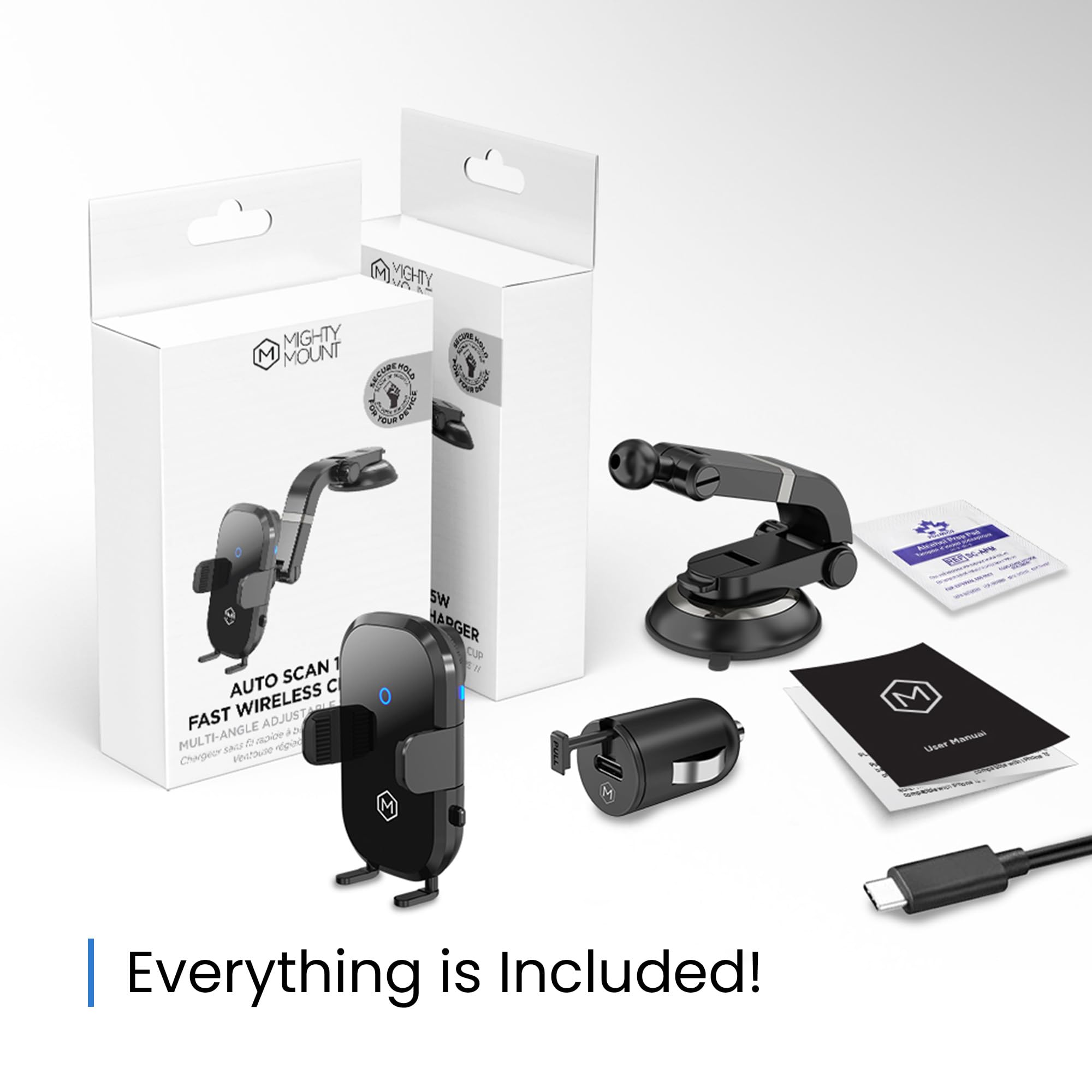 Fast Wireless Car Charger Phone Mount - 15W Qi-Certified Auto-Scan Charging, Multi-Angle Adjustable Suction Cup & Grip (Fits Phones 2.8