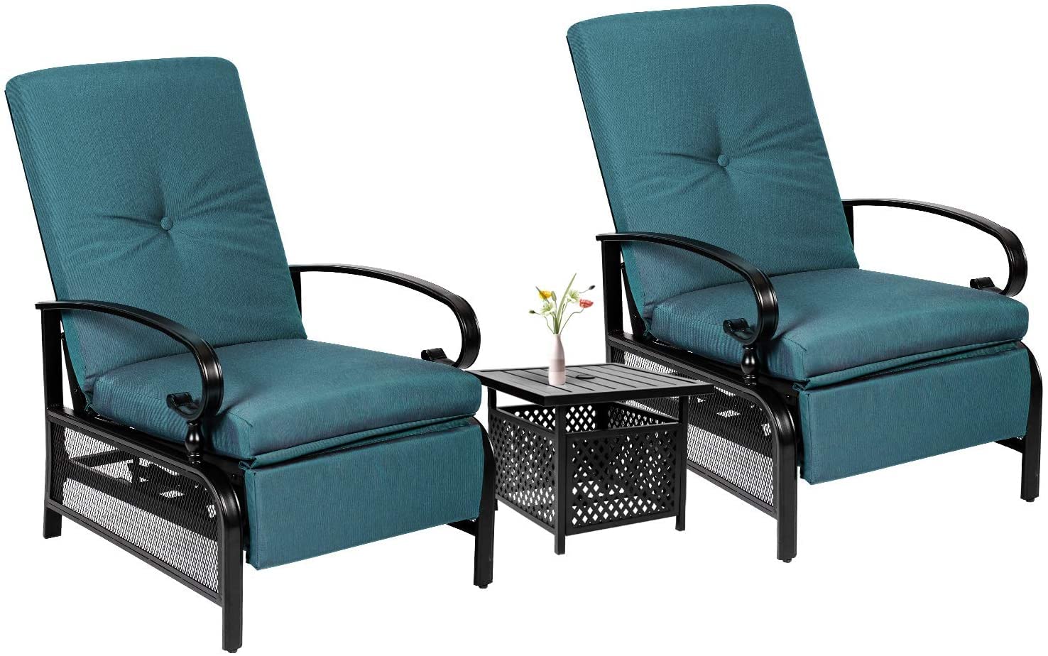 Crownland 3-Piece Outdoor Lounge Chair Set with Adjustable Reclining Patio Chairs & Umbrella Bistro Table - Durable Metal Furniture for 2 - Perfect for Backyard, Poolside, and Garden Relaxation