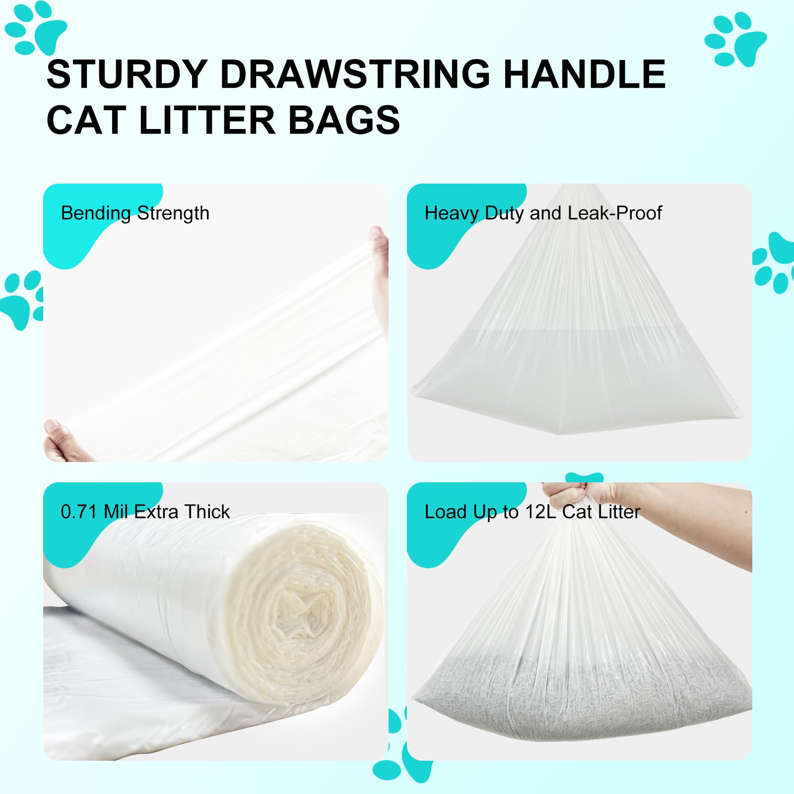 Self Cleaning Cat Litter Box with Liners - Extra Sturdy Drawstring Pet Waste Bags (4 Rolls, 60 Counts, 20