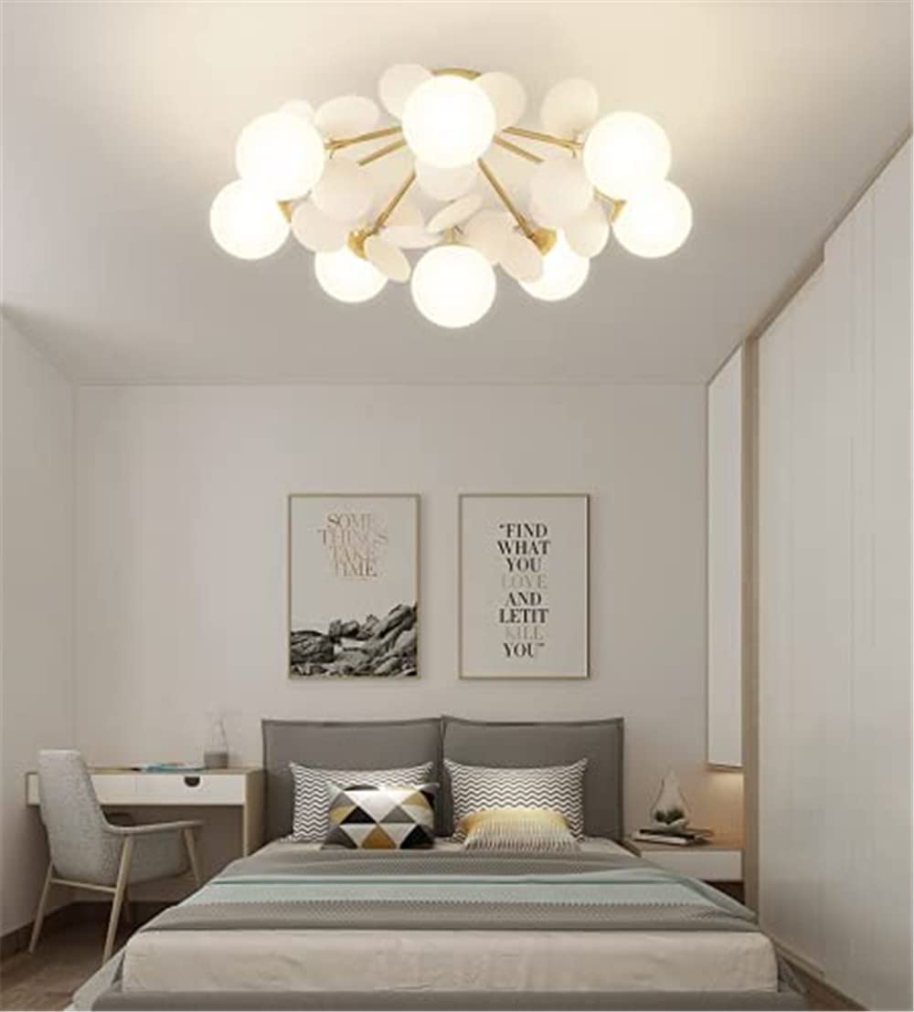 NIUYAO 8-Light White Glass Spherical Semi Flush Mount Ceiling Chandelier - Nordic Style Decorative Leaf Design for Bedroom, Living Room & Dining Room Lighting