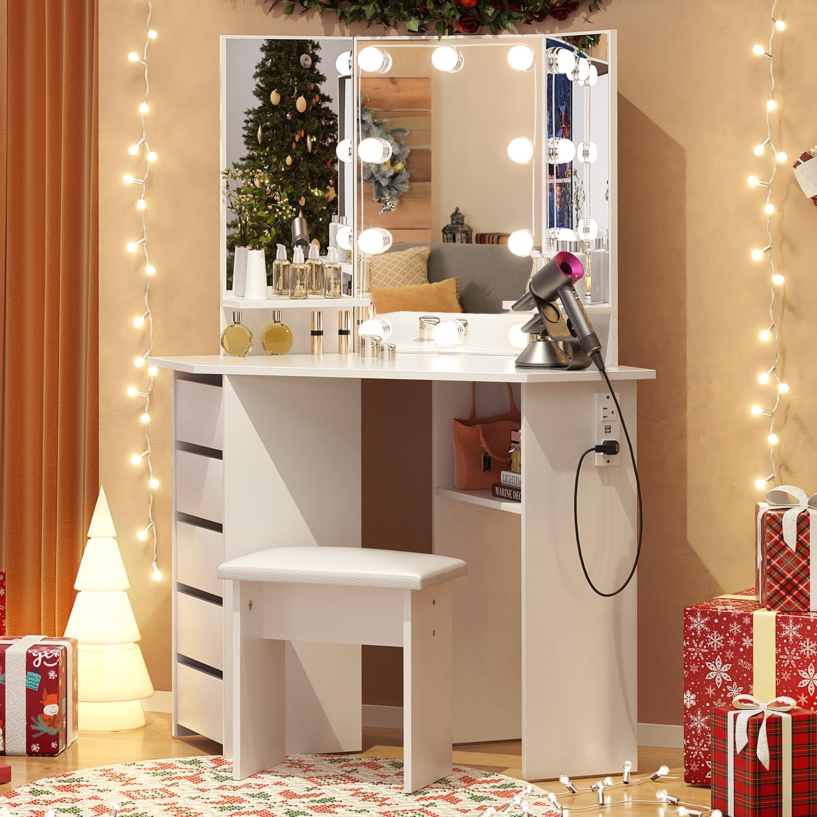 VOWNER Lighted Vanity Desk with Power Outlet & Stool - Adjustable 3-Color LED Mirror with Brightness Control, 5 Sliding Drawers & Storage Shelves - White Makeup Dressing Table for Bedroom, Home Salon & Beauty Room Organization