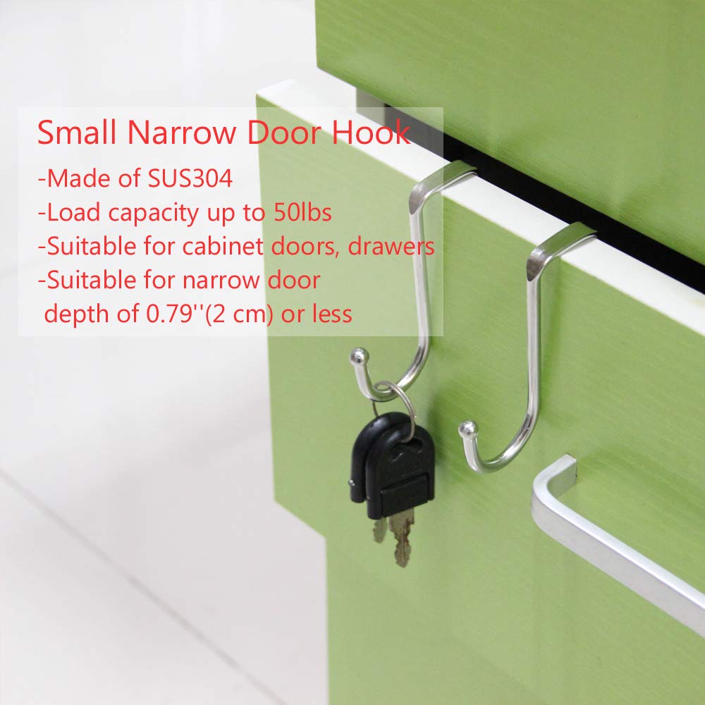 Poeland 4-Pack Over Cabinet Drawer Double Hooks - 304 Stainless Steel Narrow Door Hooks for Kitchen, Bathroom, Wardrobe, Office Cubicle - Space Saving Storage Solution for Hanging Towels, Utensils, Robes & More