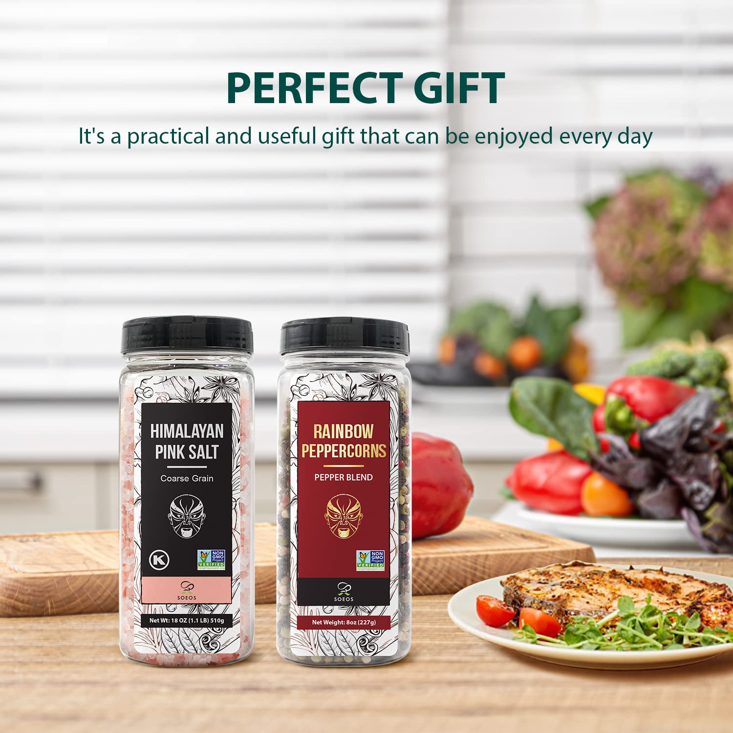 Soeos Himalayan Pink Salt & Rainbow Peppercorn Grinder Refill Set - 18oz Kosher Salt & 8oz Peppercorns - Gourmet Seasoning Blend for Cooking, Baking, Grilling & Salad - Perfect for Kitchen, BBQ & Dinner Parties