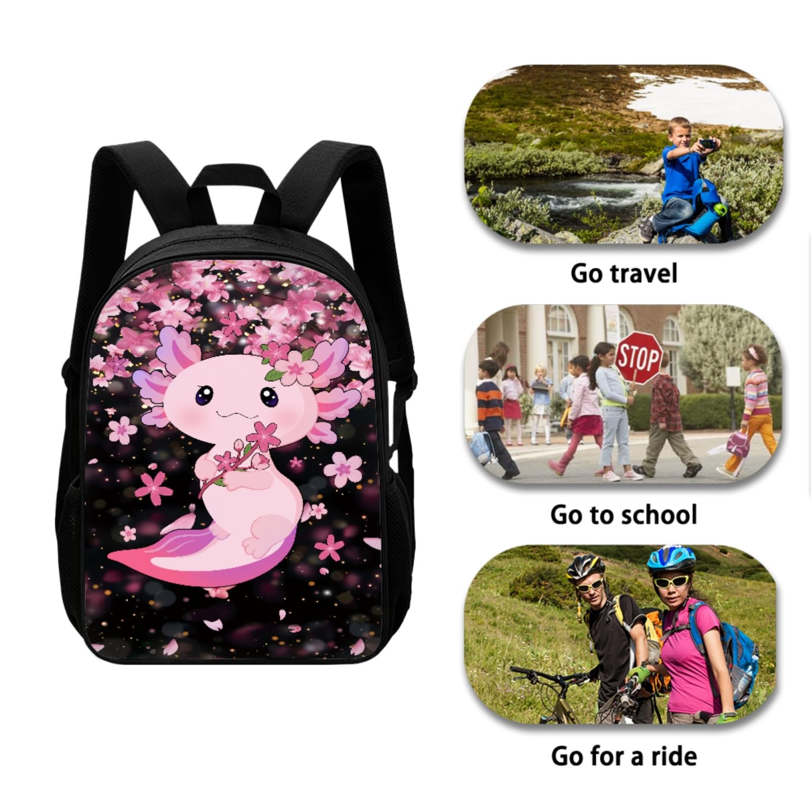 Cute Axolotl Kids Backpack Set with Lunch Box, Pencil Case & Bottle Holder - School Bookbag for Boys & Girls, Lightweight Daypack for Travel, Class, Camping & Outdoor Activities (4-Piece Set)
