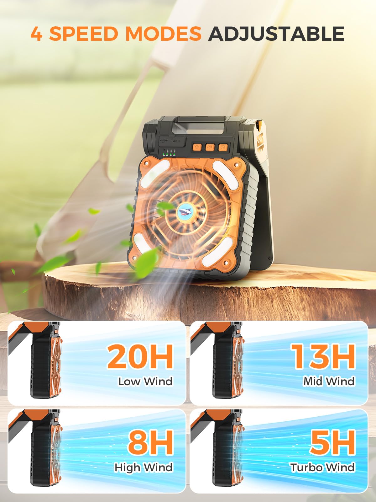 Smiling Shark Portable Camping Fan with LED Lantern - 4 Speed Adjustable, 6000mAh Solar Rechargeable Battery, 90° Foldable Design, Power Bank Function & 3 Timer Settings - Perfect for Camping, Fishing, Hiking, Tent Use, Outdoor Adventures and Emergency Lighting