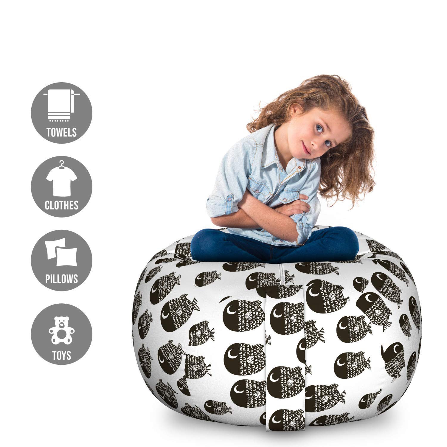 Ambesonne Fish-Themed Storage Toy Bag Chair - Large Washable Stuffed Animal Organizer with Scandinavian Marine Design - Perfect for Playrooms, Kids' Bedrooms & Nursery Decor (White & Black)