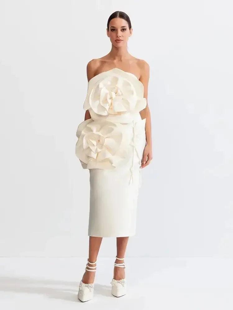 Elegant Pink & White Strapless Midi Dress for Women - Sexy Tight Fit with 3D Flower Details | Celebrity Party Dress for Summer 2024 | Perfect for Cocktail Parties, Weddings & Date Nights