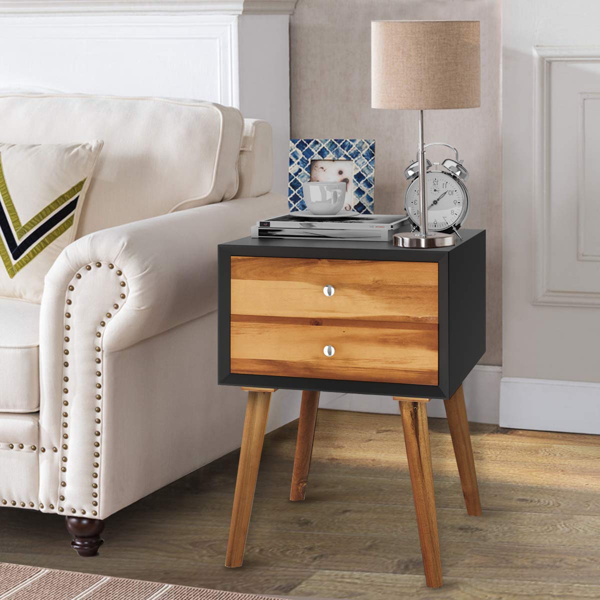 Mid Century Modern Nightstand with 2 Drawers - Solid Wood Legs Bedside Table for Bedroom, Living Room & Small Spaces - Black End Table for Cozy Home Decor & Convenient Storage