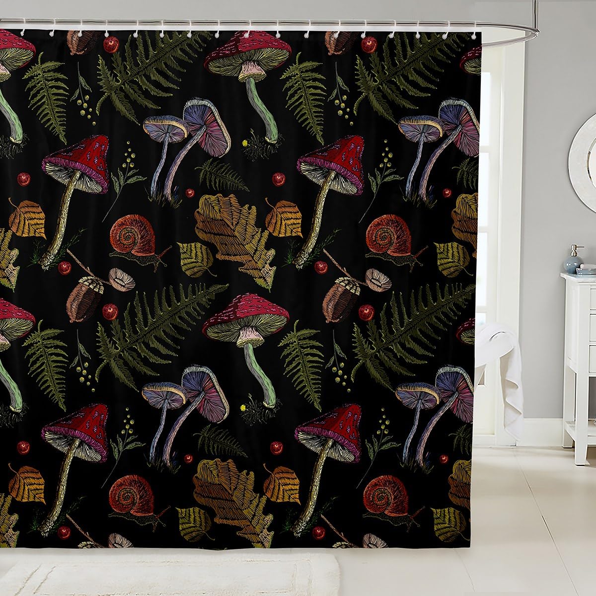 Waterproof Burgundy Wild Mushroom Shower Curtain with Fallen Leaves & Embroidery Snail Design - 72x84 Inch Bathroom Curtain with 12 Hooks for Bathtub | Kids Friendly Bath Decor for Autumn & Nature-Themed Bathrooms