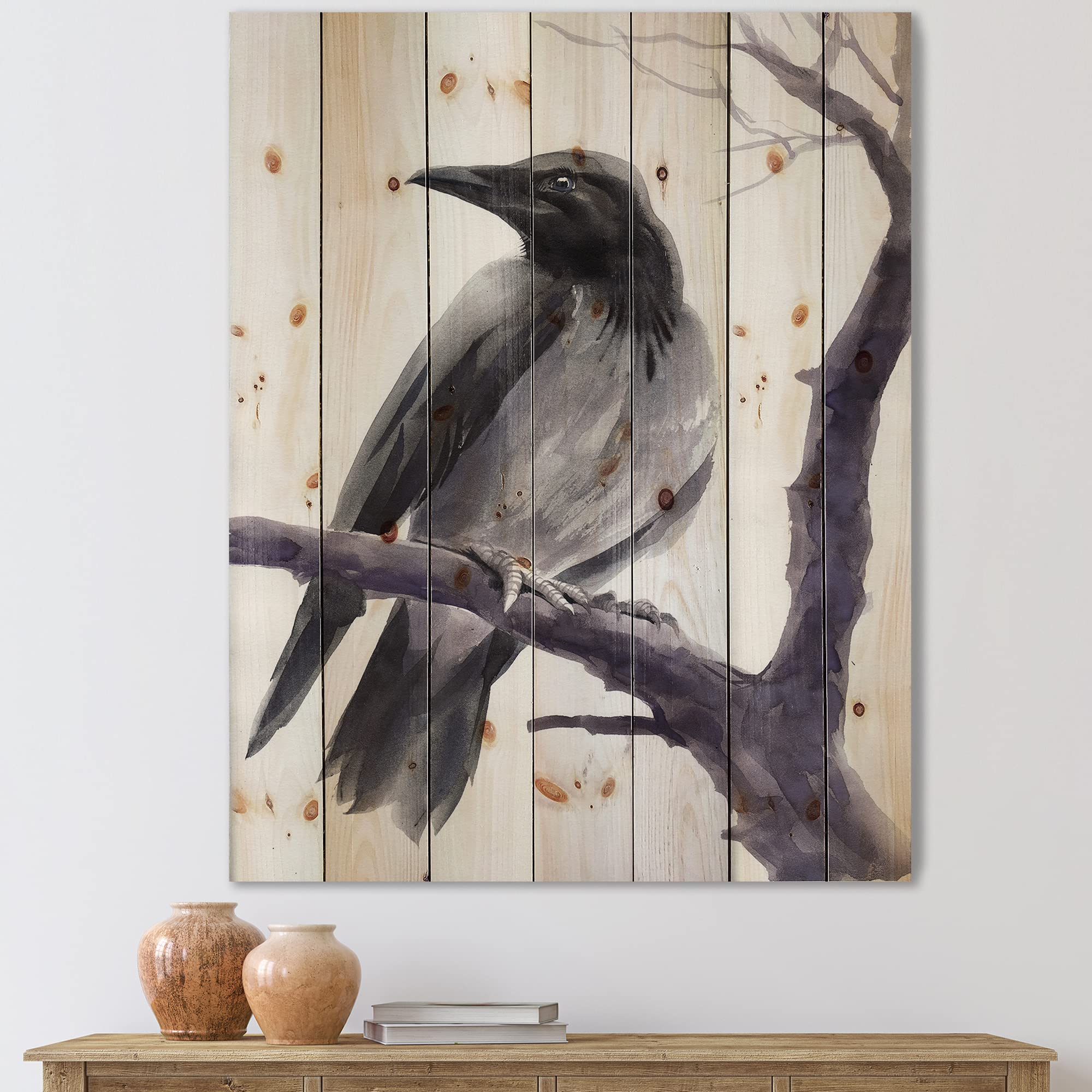 DesignQ Big Crow on Branch Traditional Wood Wall Art - Grey Large Animal Wall Decor, Natural Pine Wood Panel Print - Perfect for Living Room, Bedroom & Office Decor