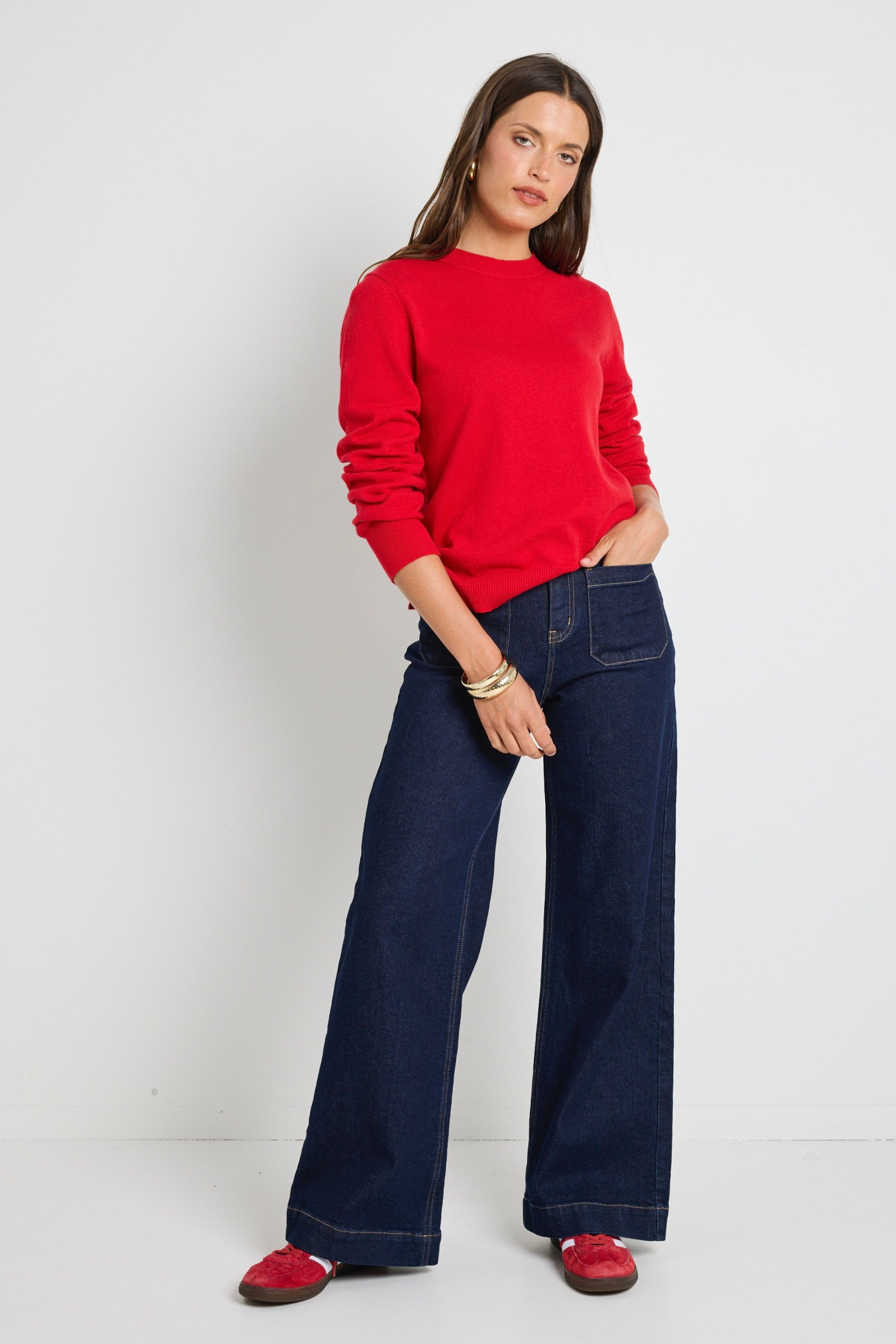 Luxury Staycation Red Fine Gauge Cashmere Blend Knit Sweater - Soft & Cozy Women's Pullover for Winter Travel & Relaxation at Home