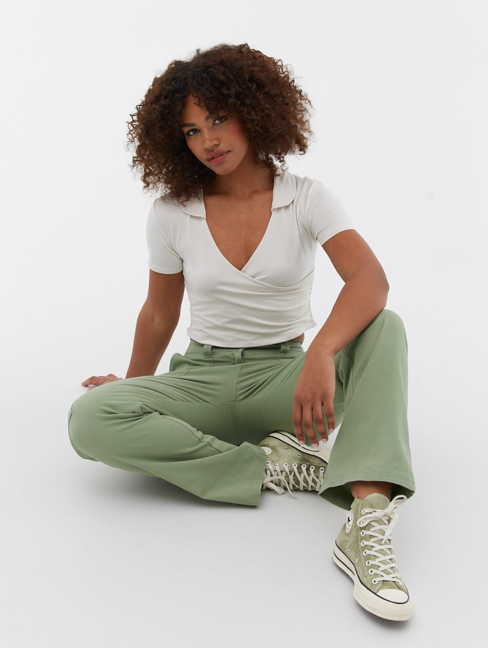 Constance Collared Wrap Crop Top - Women's Fashion Short Sleeve Shirt for Casual Outfits & Summer Wear