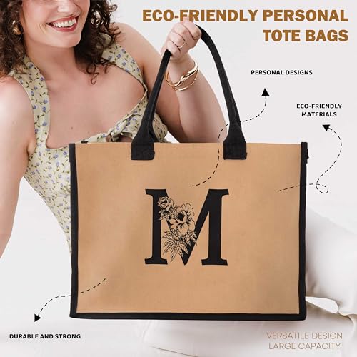 Personalized Monogram Canvas Beach Tote Bag with Matching Makeup Pouch & Sun Hat - Women's Summer Travel Essentials, Trendy Teen Girl Gift (Size M) - Perfect for Beach Vacations, Pool Parties & Weekend Getaways