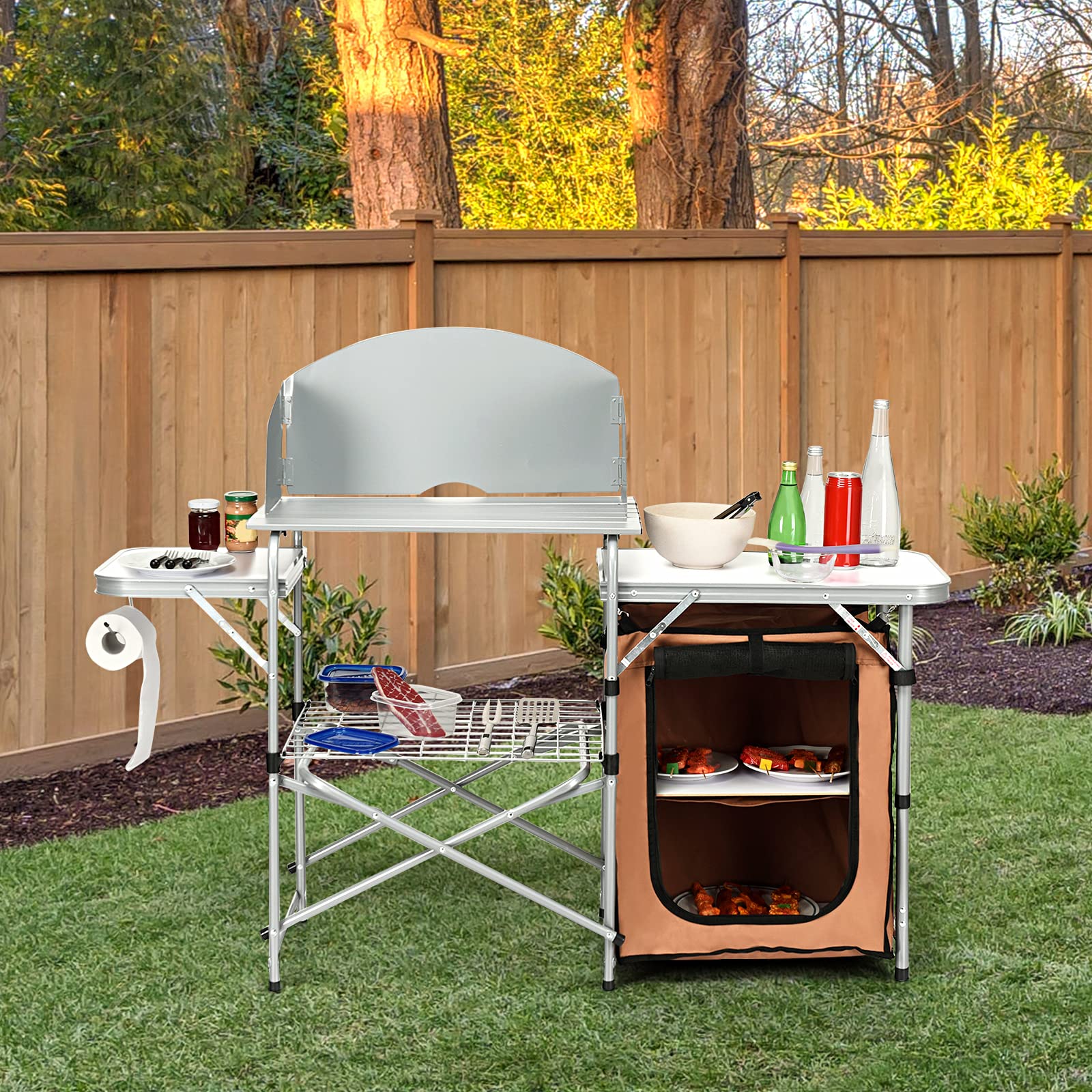 Tangkula Folding Camping Kitchen Table - Portable Aluminum Outdoor Cooking Station with Windscreen, Storage Shelves & Carry Bag | Perfect for Camping, Picnics, BBQ & Tailgating