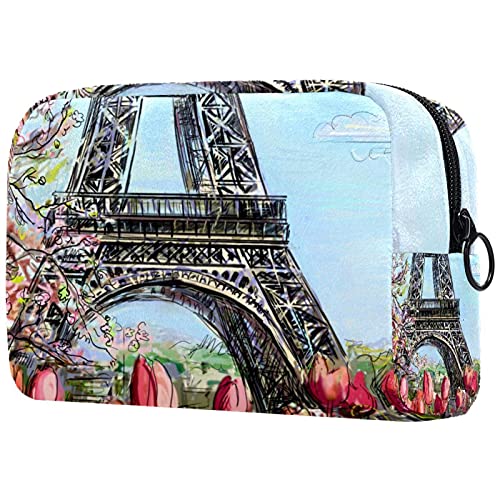 Paris Eiffel Tower Tulip Flower Travel Toiletry Bag - Waterproof Cosmetic Makeup Organizer Pouch with Zipper for Women - Perfect for Vacation, Gym, Business Trips & Daily Essentials Storage