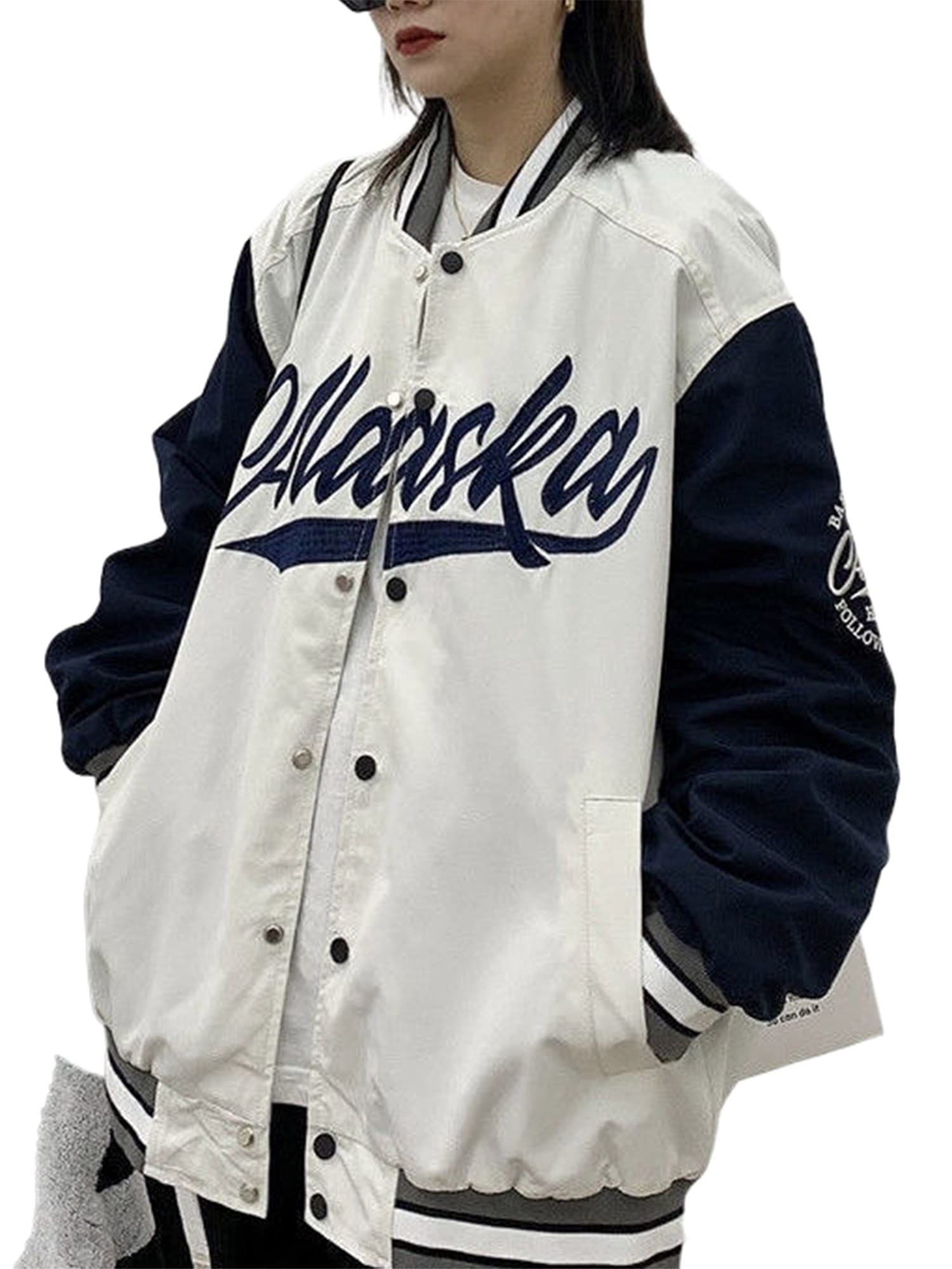 Women's Oversized Baseball Jackets - Classic Letter Embroidery Long Sleeve Boyfriend Bomber Coat for Casual Streetwear & Spring Fashion