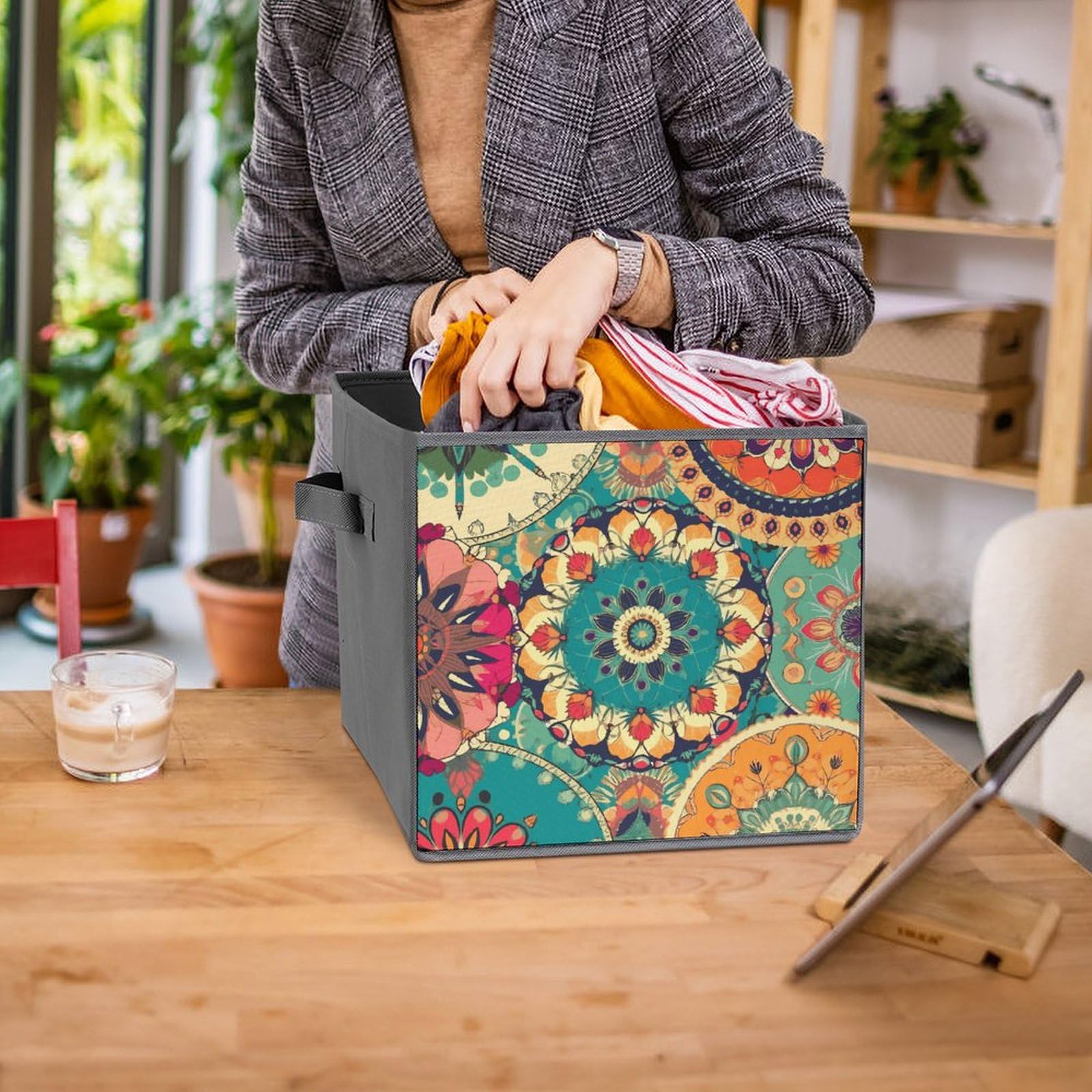 6-Piece Collapsible Round Storage Bins with Handles - Floral Print Fabric Organizing Baskets for Home, Closet, Shelf & Office Storage | Space-Saving Foldable Containers for Toys, Laundry & Household Items