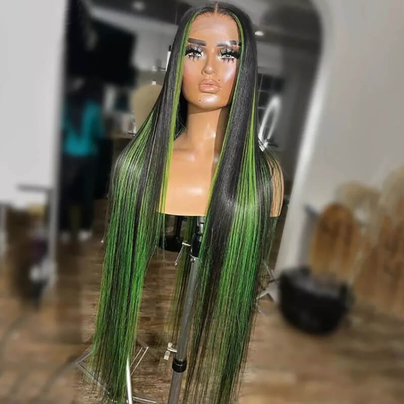 Eullair Red Blue Green Balayage Highlight Straight Lace Frontal Wig for Women - Peekaboo Highlights Human Hair Wig for Daily Wear & Cosplay