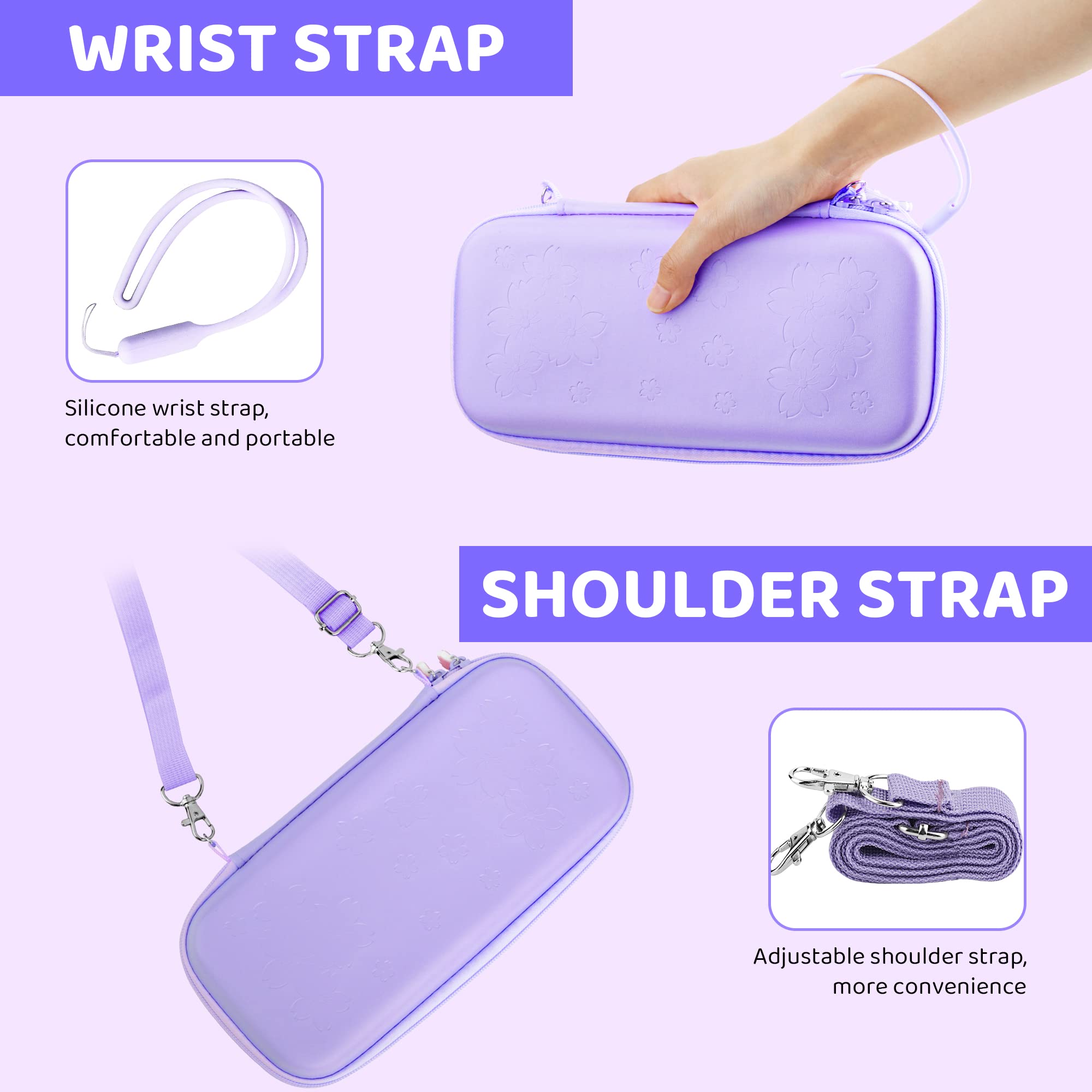 9-in-1 Nintendo Switch OLED Carrying Case Set - GLDRAM Protective Travel Case with Hard PC Cover, Tempered Glass Screen Protector, Thumb Grip Caps, Wrist Strap & Adjustable Shoulder Strap for Girls (Purple) - Perfect for Travel, Commuting & Gaming On-The-Go