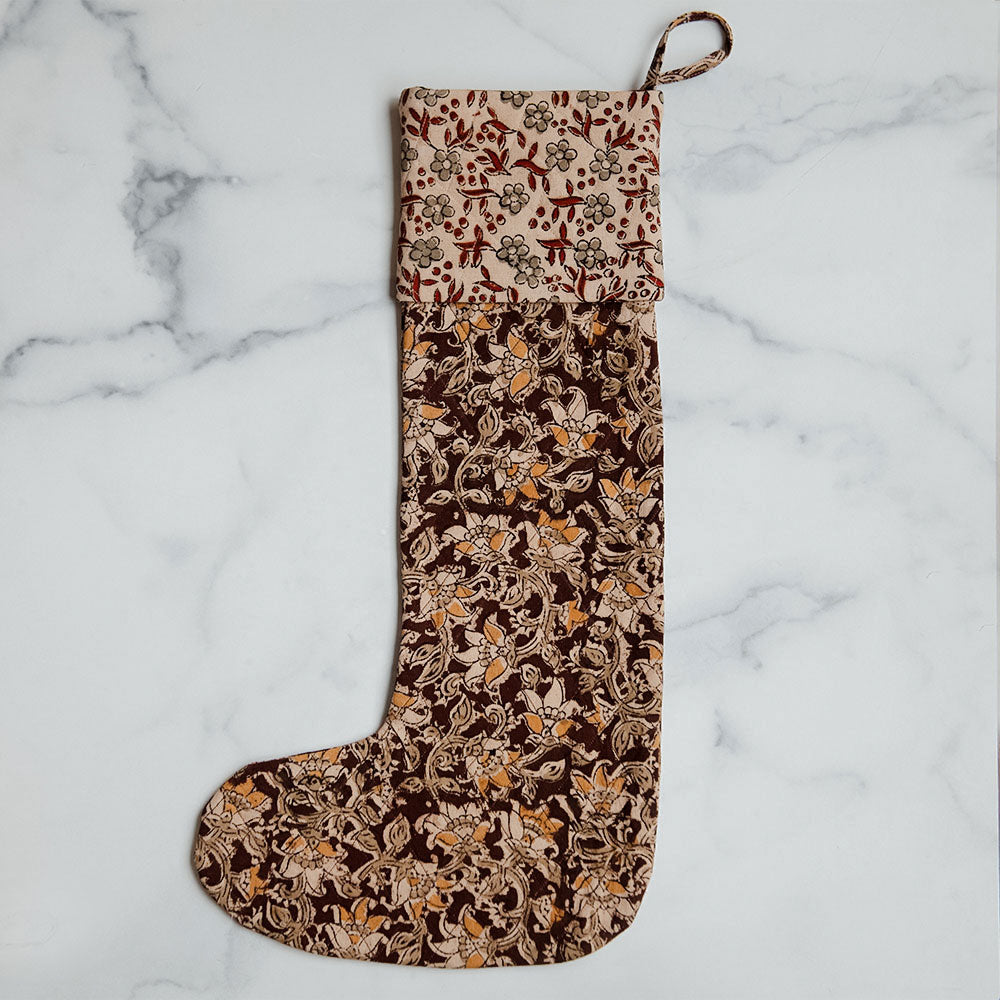 Unique Handmade Block Printed Christmas Stocking No. 0601 - Perfect for Holiday Decorations, Gift Giving & Festive Home Decor