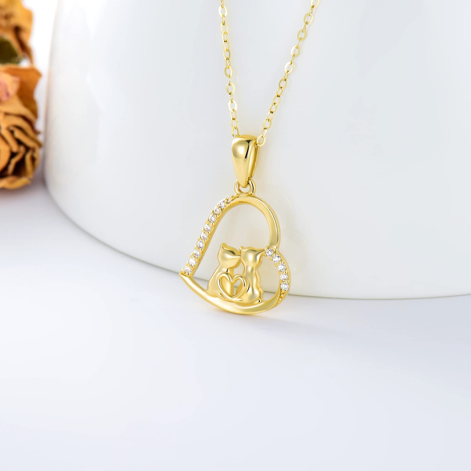 14K Solid Gold Cat Necklace for Women - Elegant Cat Lover Gift, Eternal Love Heart Pendant Jewelry for Wife, Mom & Girlfriend | Perfect for Birthdays, Anniversaries & Valentine's Day Gifts