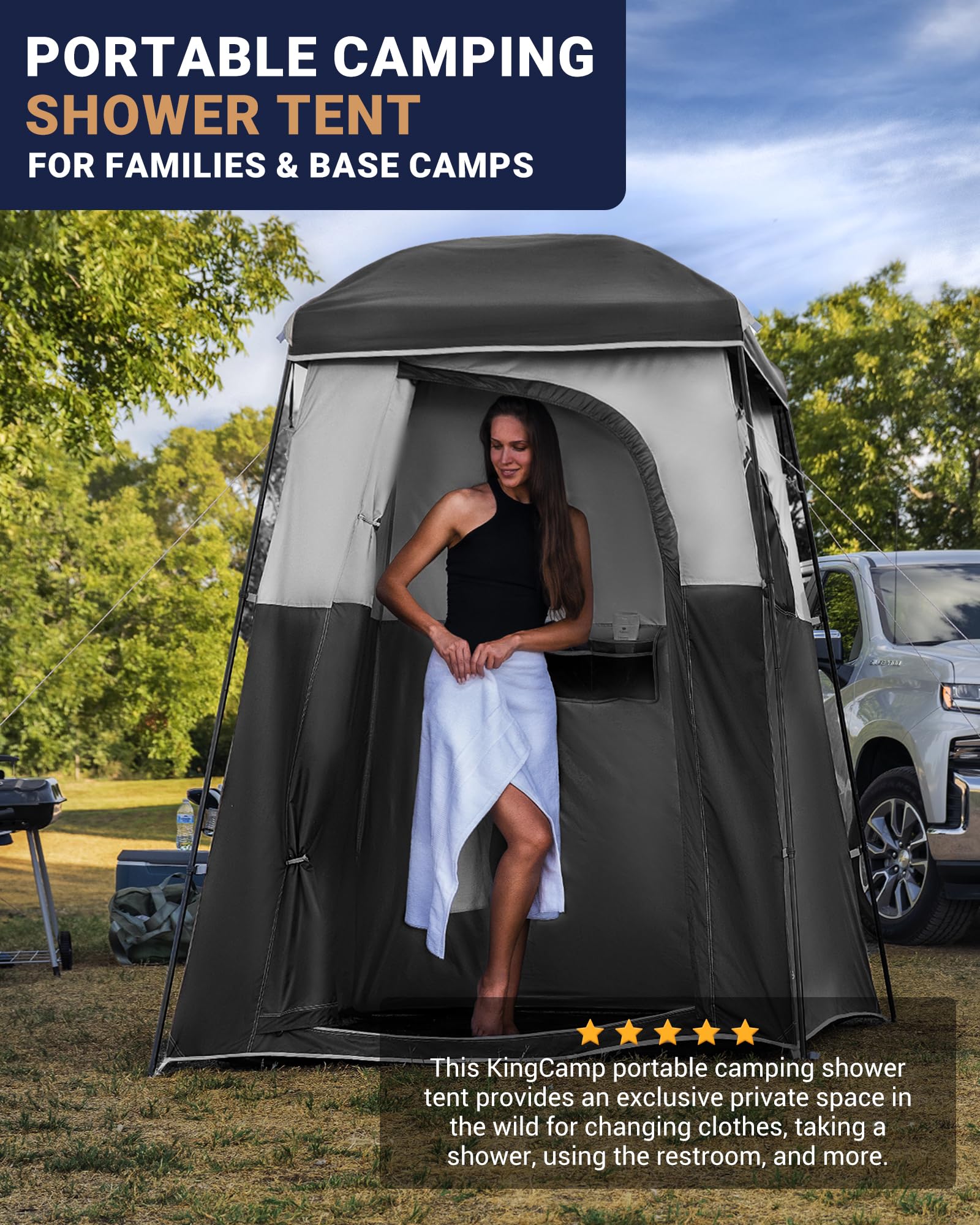 KingCamp Luxury Camping Shower Tent with Portable Shower Bag - 1 Room & 2 Room Privacy Shelter Toilet Tent for Outdoor Adventures, Beach Trips & RV Camping