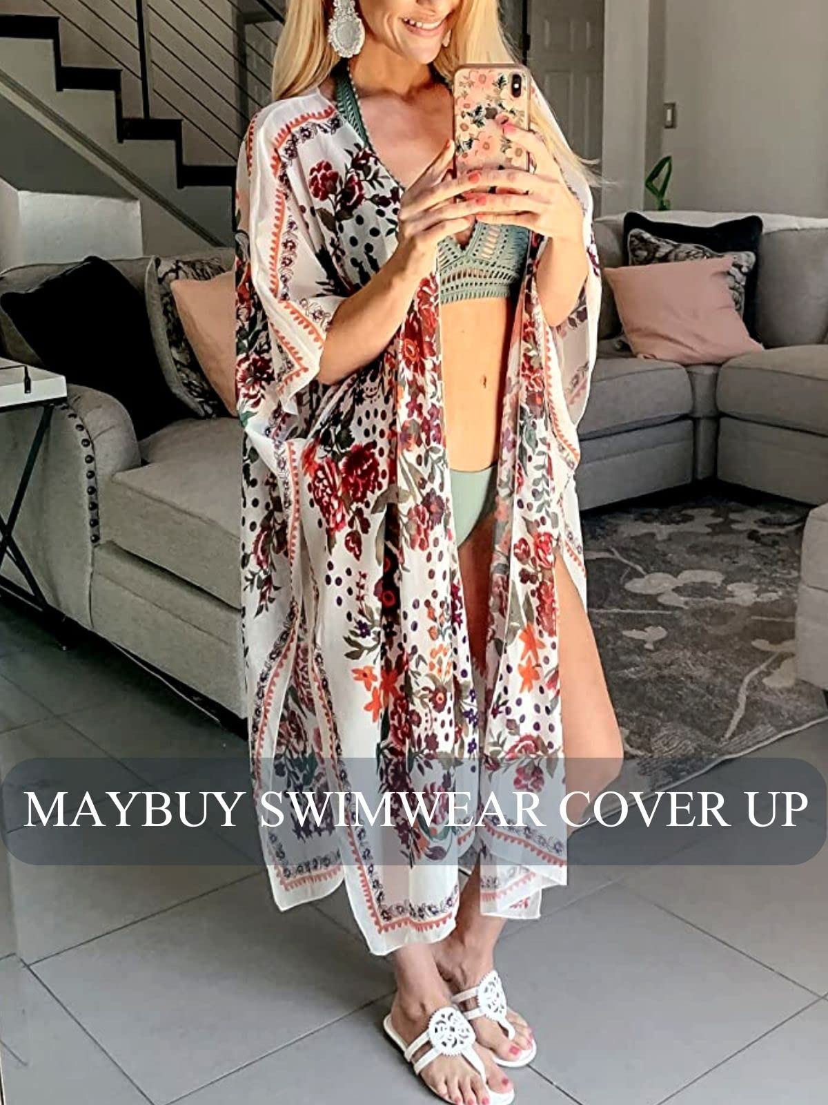 MayBuy Women's Summer Long Flowy Kimono Cardigan - Boho Chiffon Beach Cover Up Tops for Vacation, Pool Party & Outdoor Wear