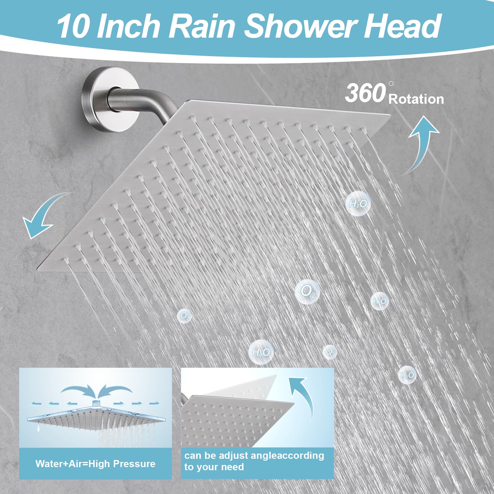 Luxury 10 Inch Rainfall Shower Head System with Hand Shower - Brushed Nickel Wall Mounted Bathroom Faucet Set & Angle Arm - Perfect for Modern Bathroom Renovation and Spa-Like Shower Experience