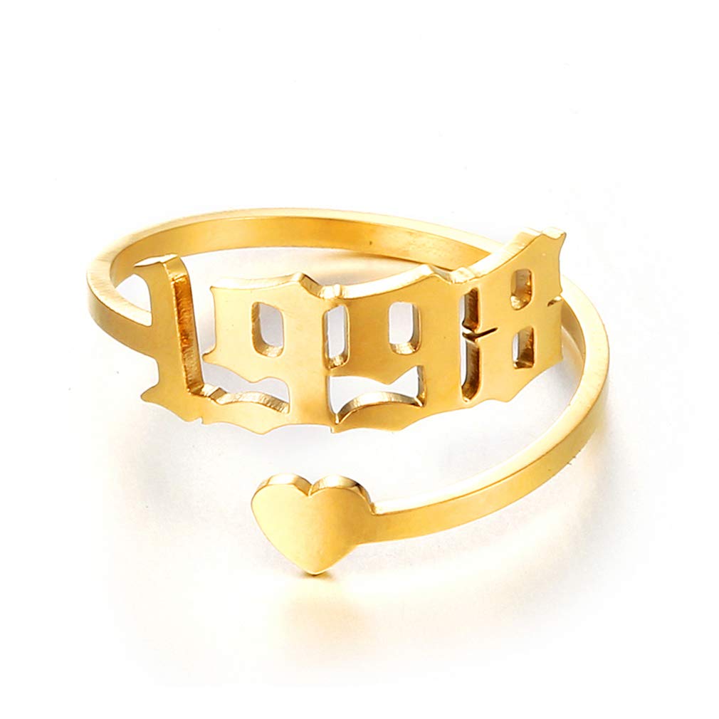 SKQIR Adjustable Initial Number Birth Year Ring for Women - Gold/Silver Stainless Steel Open Promise Ring, Engagement Wedding Band, Delicate Jewelry Gift for Girlfriend - Perfect for Anniversaries, Birthdays & Special Occasions