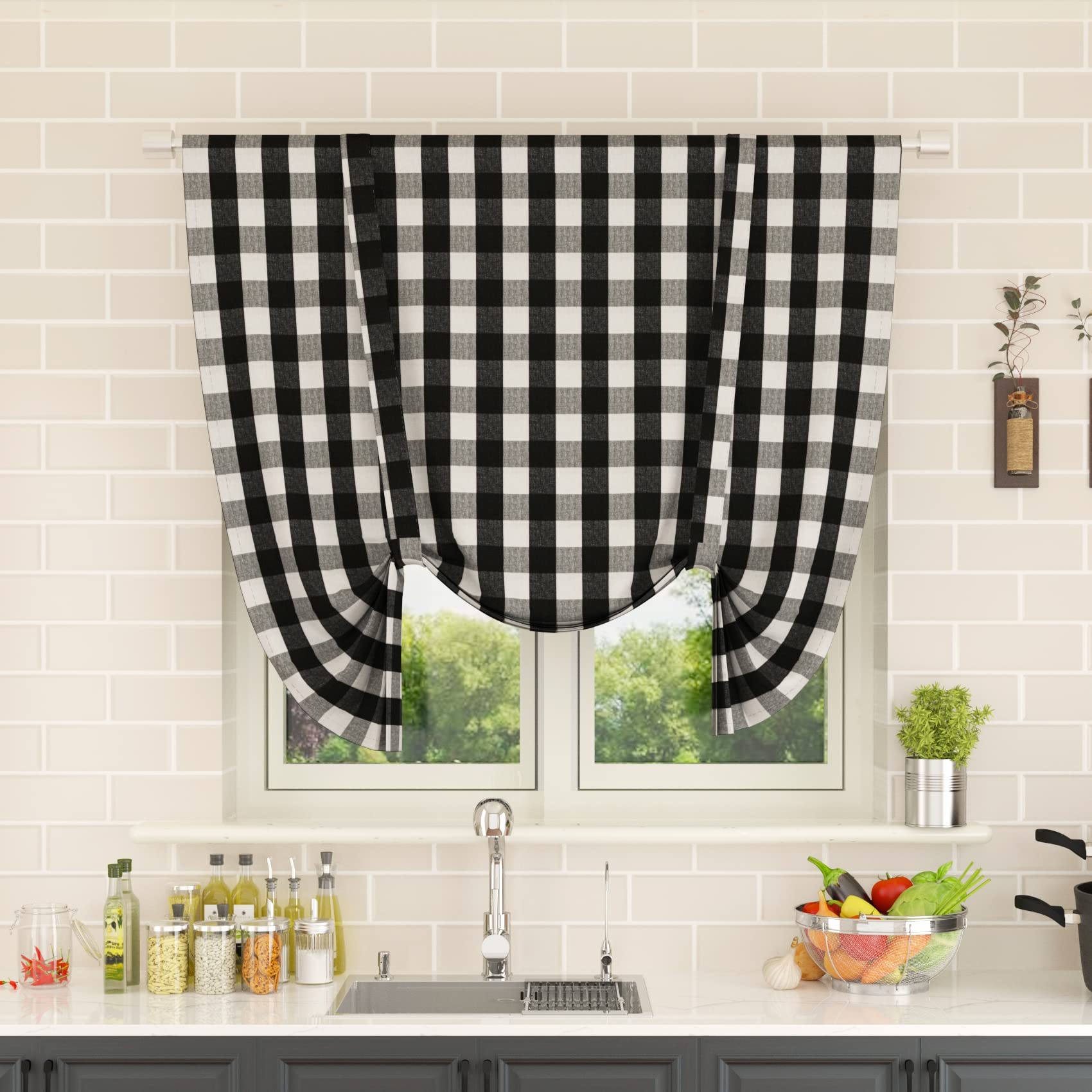 Buffalo Check Tie Up Kitchen Window Curtain - Adjustable Plaid Gingham Farmhouse Shade with Rod Pocket for Bathroom, 42 x 54 Inches, Black & White - Perfect for Rustic Home Decor & Cozy Farmhouse Style