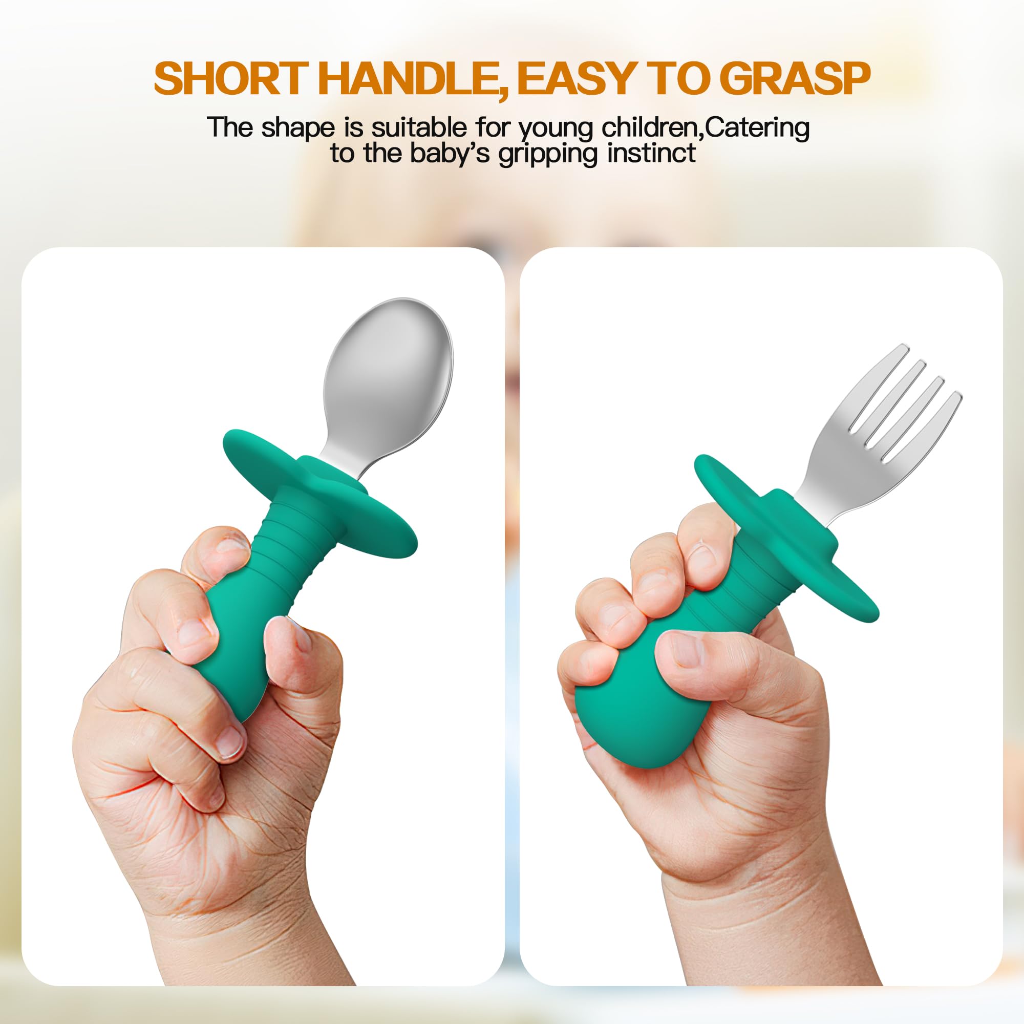 2-Piece Stainless Steel Toddler Utensil Set - BPA-Free Kids Forks & Spoons with Round Handle & Anti-Choke Design | Safe Flatware for Babies & Toddlers | Perfect for Daycare, Travel & Home Mealtime (Green)