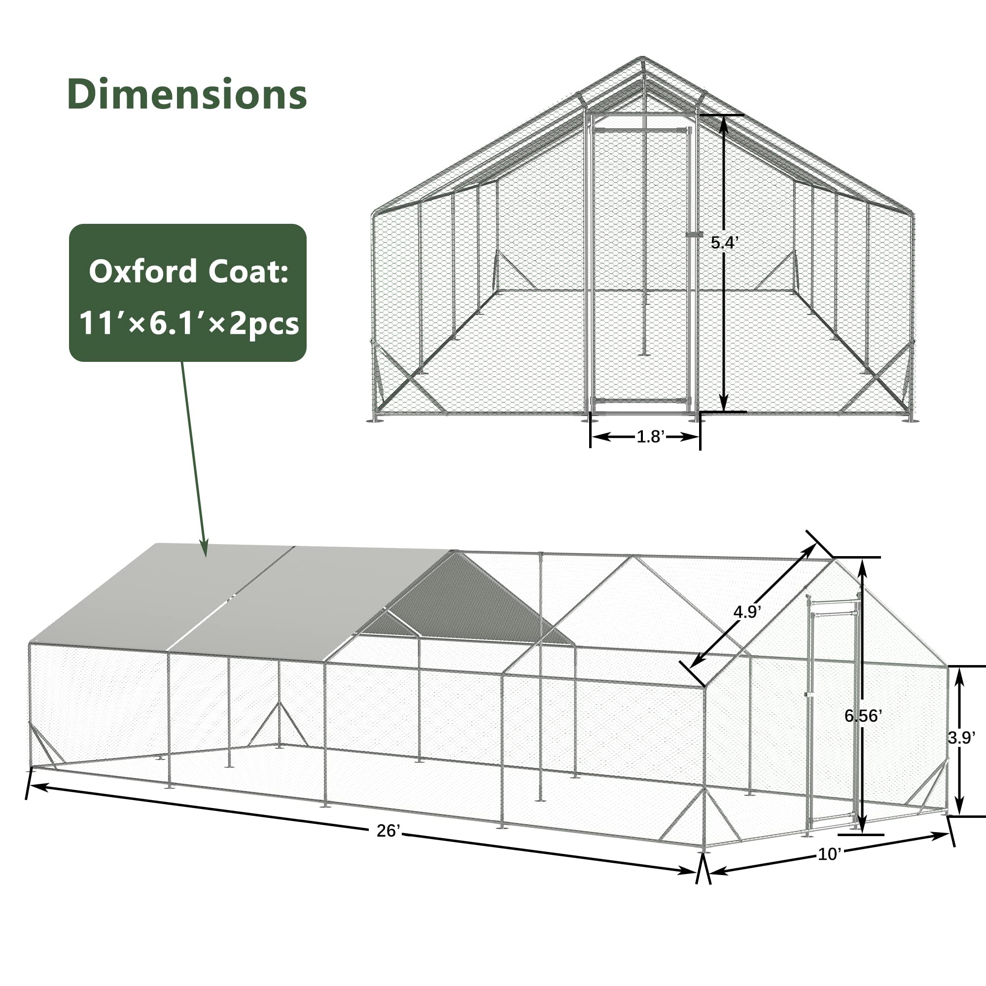 Premium 10'x26'x6.56' Walk-In Chicken Coop - Large Metal Poultry Cage with Waterproof UV-Resistant Cover - Backyard Hen House for Chickens, Ducks & Rabbits - Ideal for Farm, Garden & Outdoor Poultry Keeping