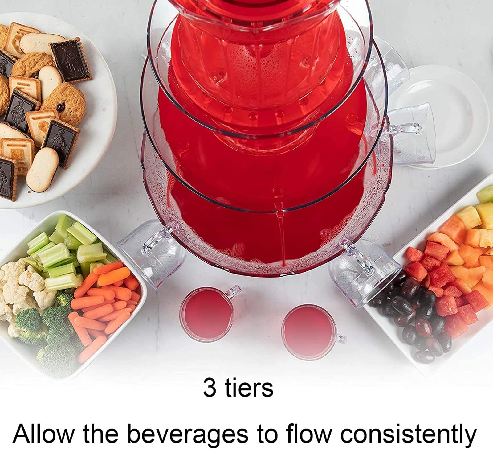 3-Tier LED Light-Up Plastic Drink Fountain with 5 Cups - Perfect for Party Games, Bar Events & Home Celebrations - Ideal for Cocktails, Mocktails & Beverage Displays