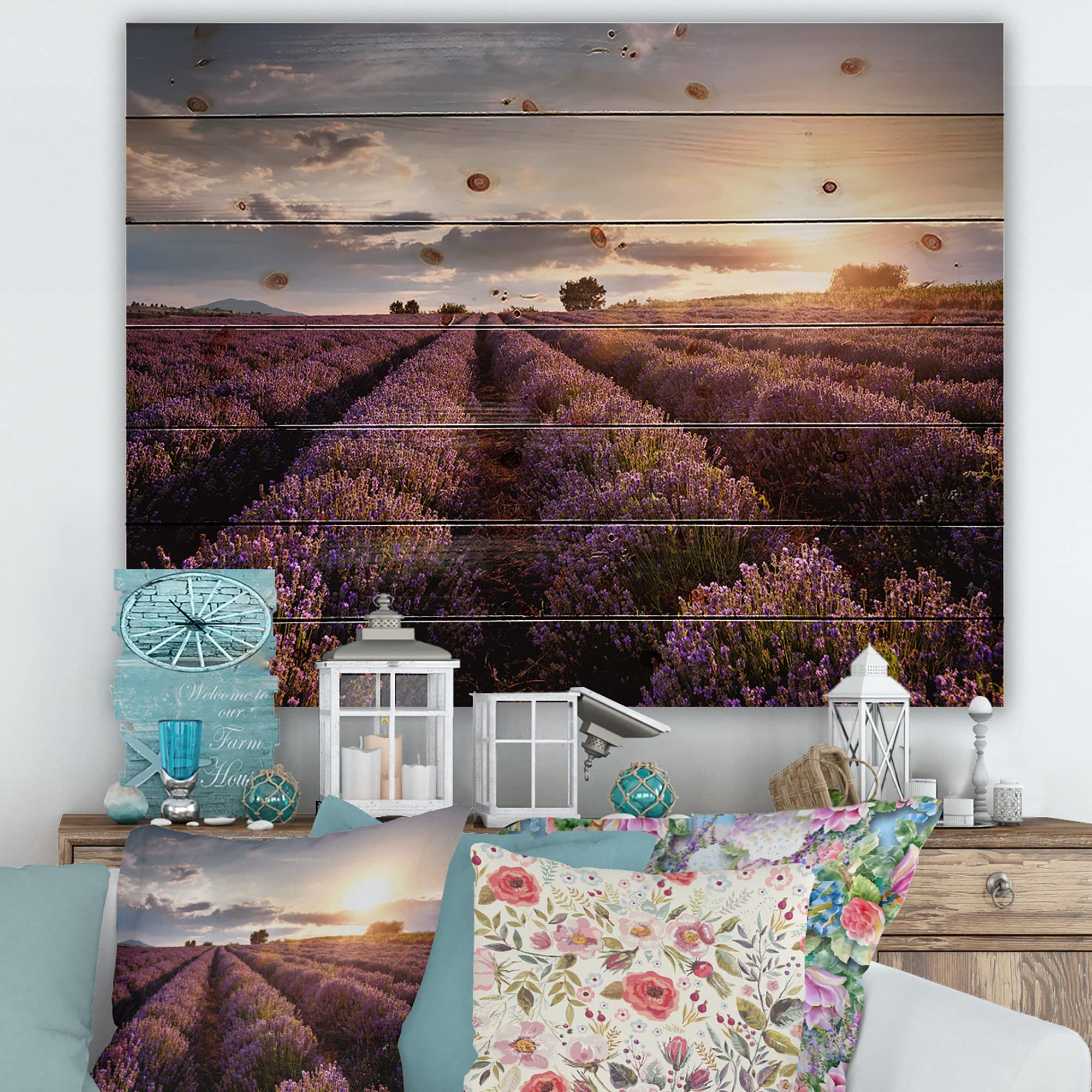 Farmhouse Wood Wall Art - Lavender Field Sunrise Landscape on Pine Wood for Home Decor