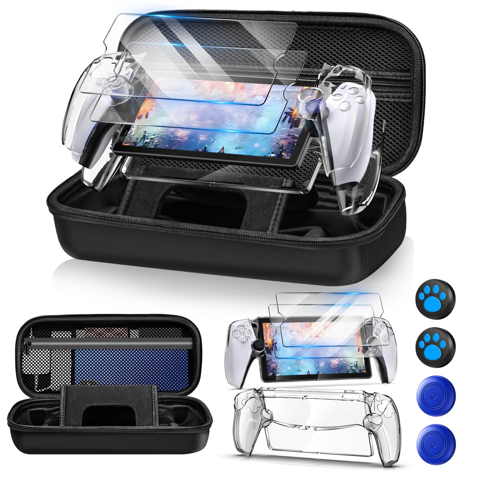 Auarte 12-in-1 Accessories Kit for Playstation Portal Remote Player - Hard Travel Case, Clear Protective Skin for PS5 Portal, 2 Screen Protectors & 4 Thumb Grips (Carbon Black) - Perfect for Gaming On-The-Go & Travel Protection