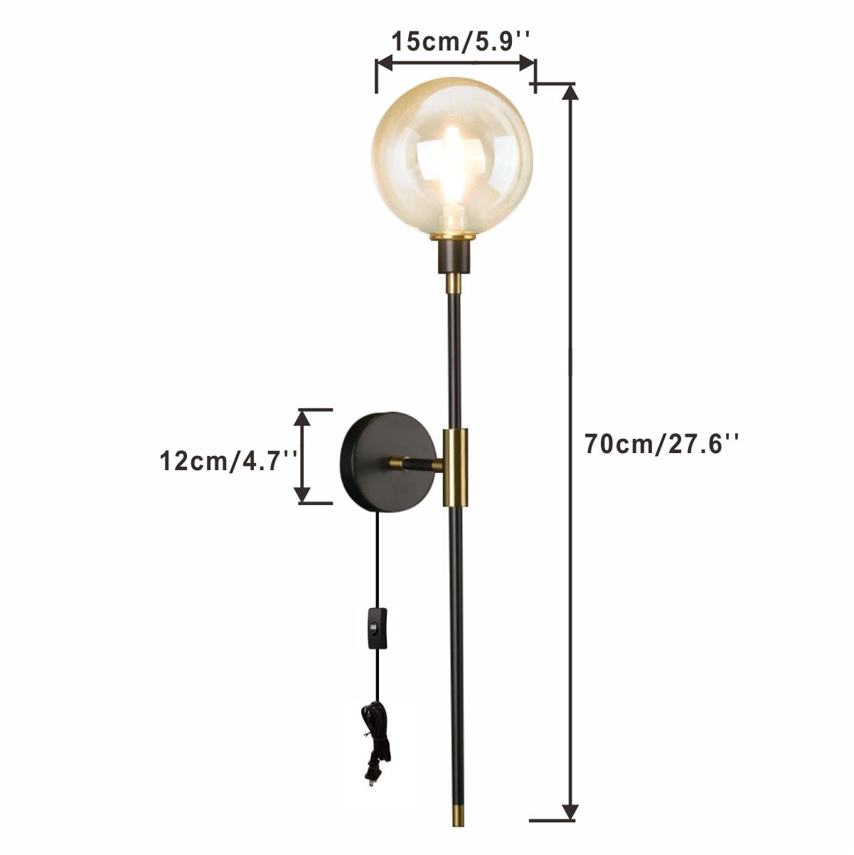 KCO Black Modern 1-Light Plug-in Wall Sconce with On/Off Switch & Long Arm Glass Shade - Amber Wall Lamp for Bedroom, Living Room, Kitchen & Hallway (2-Pack) | Perfect for Ambient Lighting & Space-Saving Wall Decor