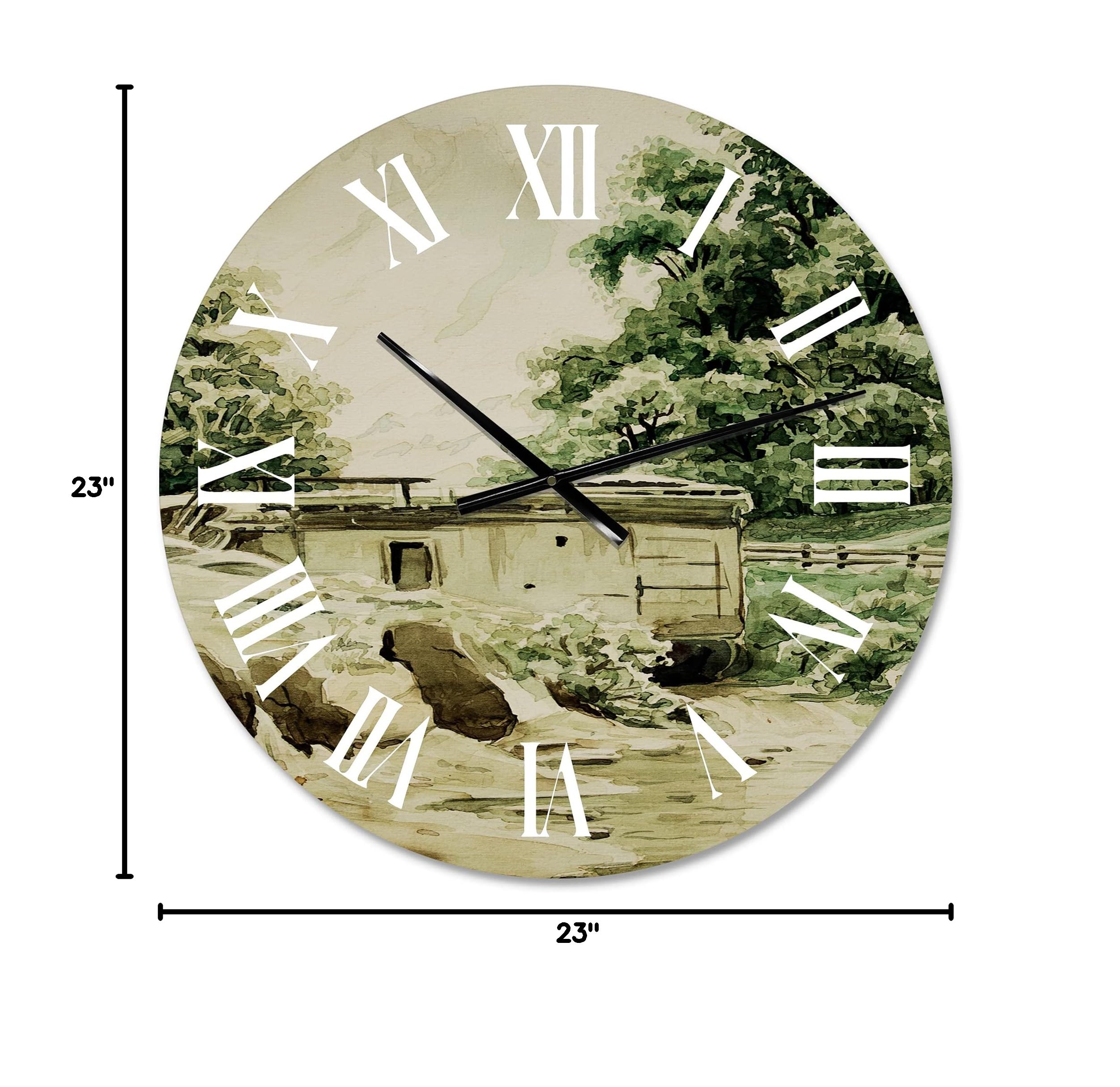 DesignQ Large Wall Clock - 'Cabin in The Mountains' Rustic Wooden Wall Clock with Nature Landscape for Cabin, Lodge & Home Decor - Perfect for Living Room, Bedroom or Office