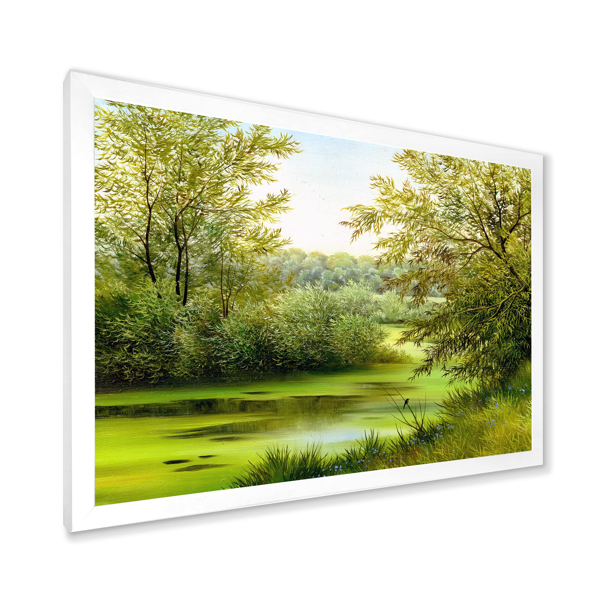DesignQ Green Pond with Spring Trees Country Framed Wall Art - Nature Landscape Canvas Painting for Living Room, Bedroom & Office Decor