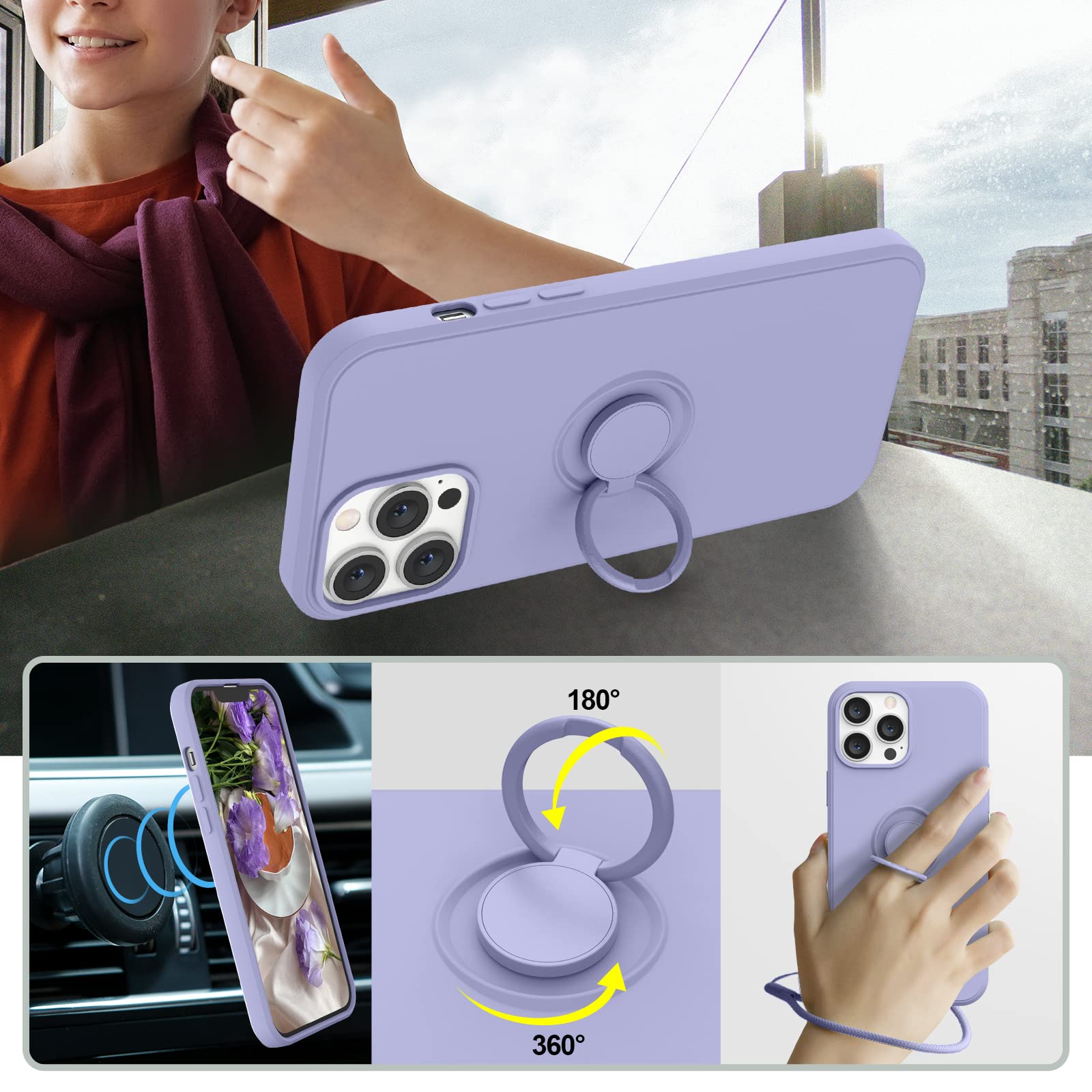 Abitku iPhone 13 Pro Max Case (6.7 inch 2021) - Premium Silicone Cover with 360° Ring Kickstand & Magnetic Car Mount Support | Includes Microfiber Cloth | Full Body Protection | Purple | Perfect for Work, Travel & Daily Use