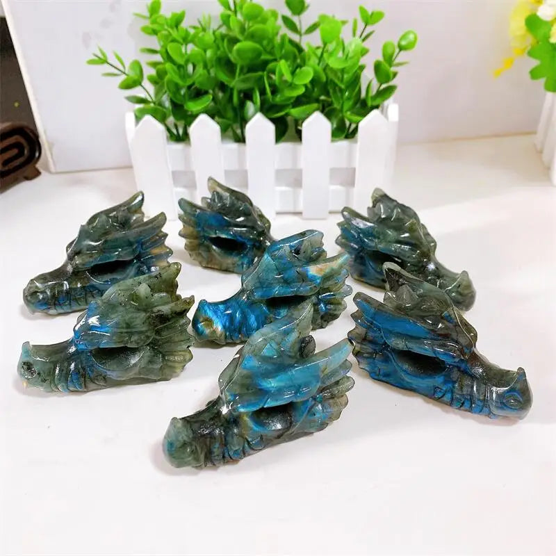 8CM Natural Labradorite Crystal Handmade Dragon Head Skull Statue - Polished Animal Figurine for Home Decor, Office Feng Shui, Meditation Gift (1PC) | Perfect for Spiritual Healing, Crystal Collection & Positive Energy