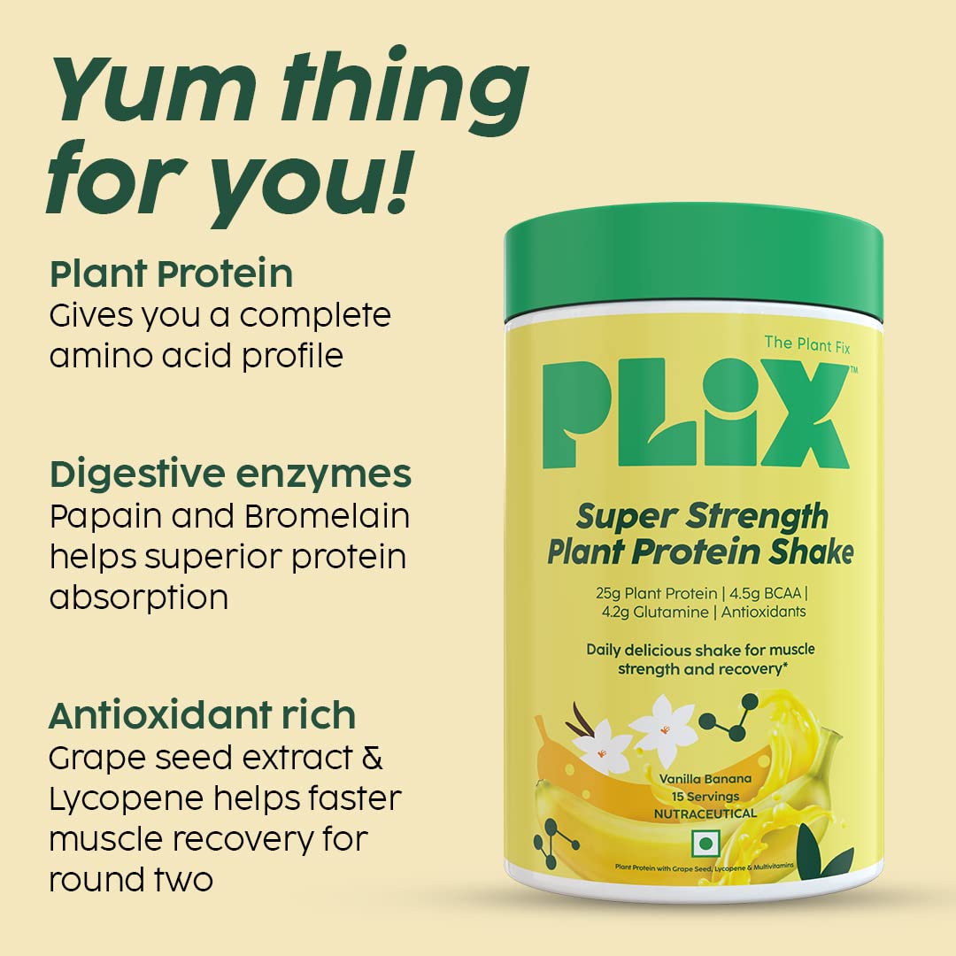 PLIX THE PLANT FIX Strength Vegan Plant Protein Powder - 550g Vanilla | Pea Protein Isolate & Brown Rice Blend | 25g Plant Protein | No Added Sugar | Gluten Free | Post-Workout Recovery & Meal Replacement